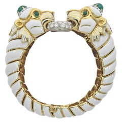 Retro David Webb Diamond Gold Platinum Emerald Enamel Twin Lion Bracelet