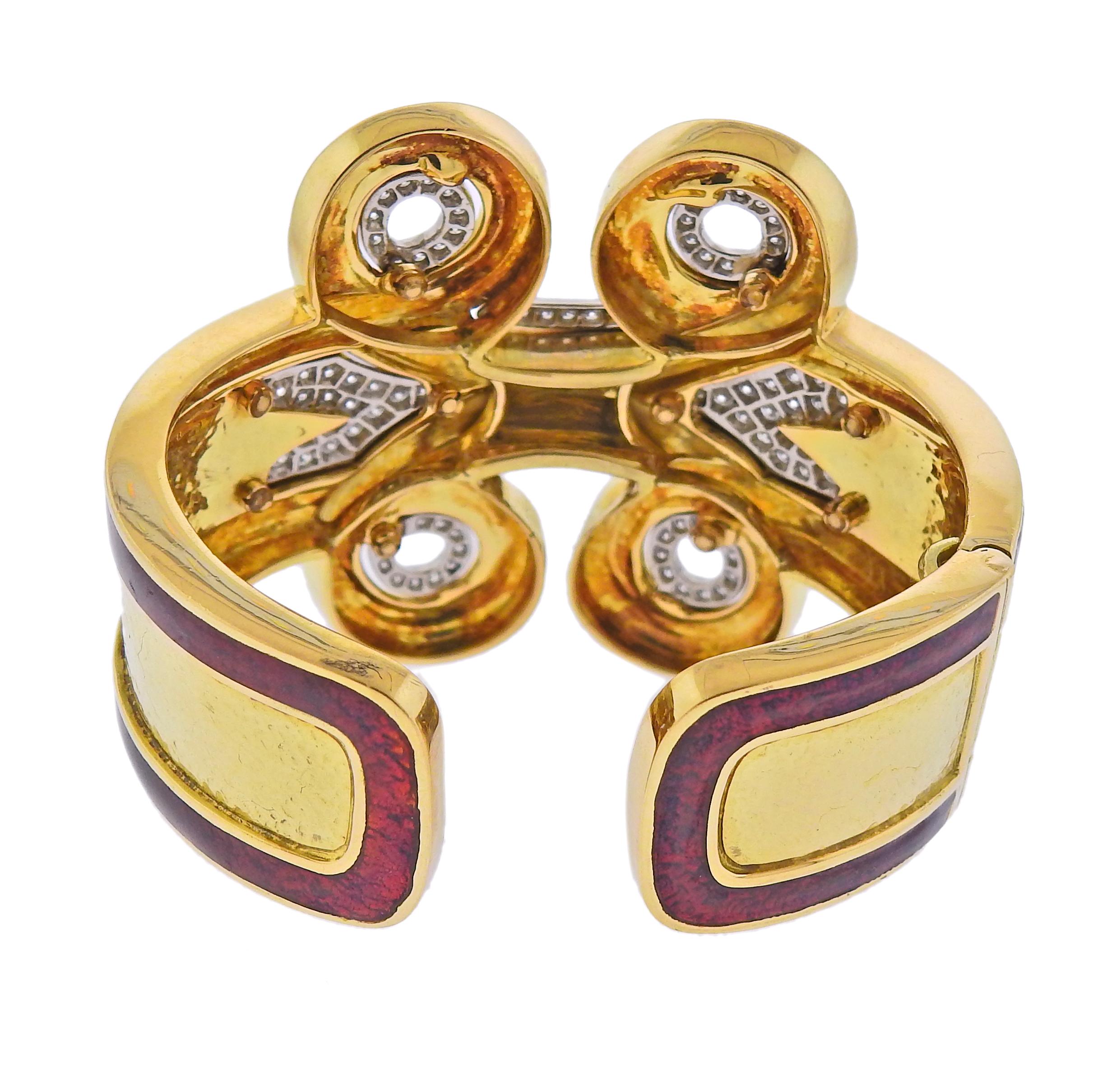 Round Cut David Webb Diamond Gold Platinum Enamel Arabesque Cuff Bracelet For Sale