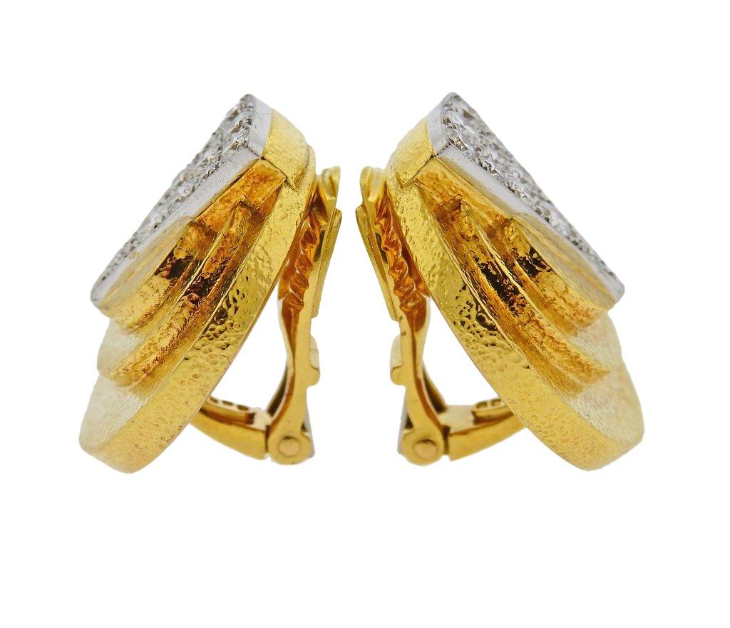 Pair of 18k yellow gold and platinum geometric earrings by David Webb, set with approx. 1.33ctw in H/VS diamonds. Earrings are 24mm in diameter. Weight is 27.8 grams. Marked David Webb, 18k, 900pt.