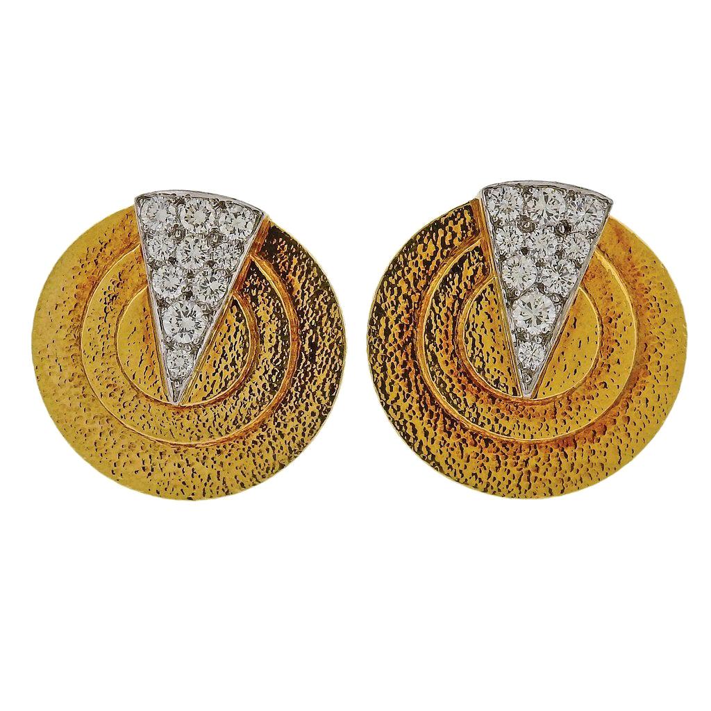 David Webb Diamond Gold Platinum Geometric Earrings For Sale