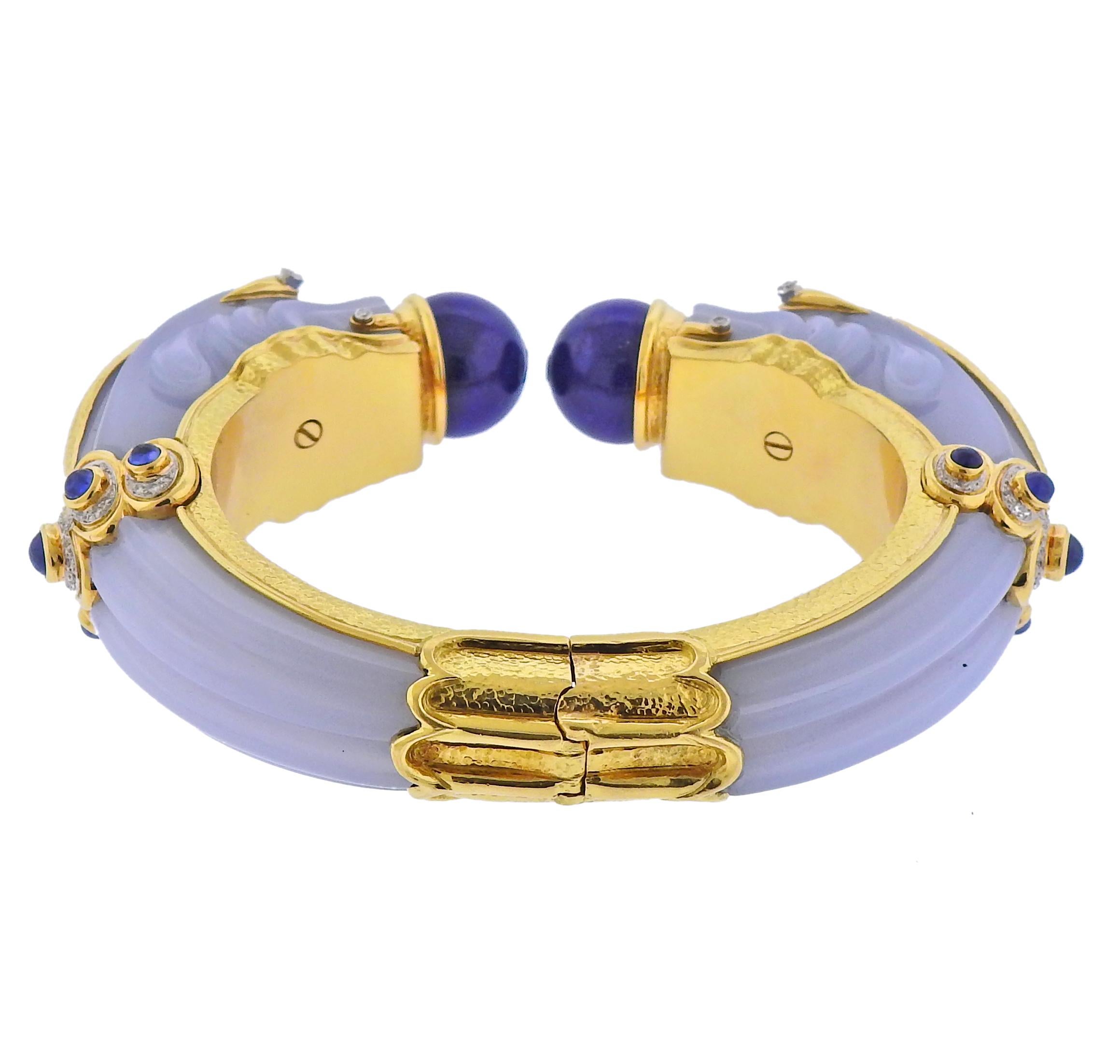 Women's David Webb Diamond Gold Platinum Lapis Chalcedony Sapphire Chimera Bracelet For Sale