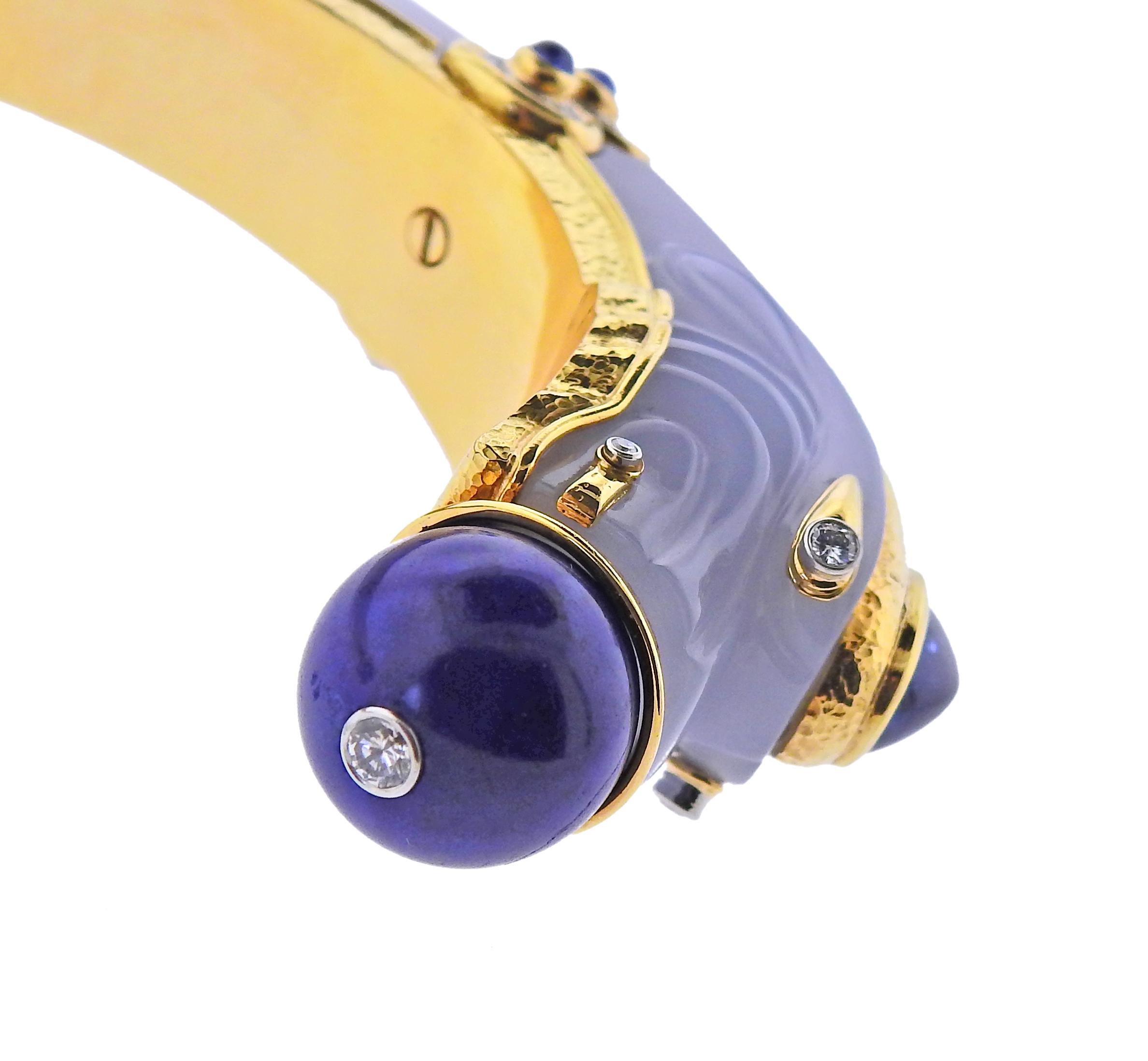 David Webb Diamond Gold Platinum Lapis Chalcedony Sapphire Chimera Bracelet For Sale 4