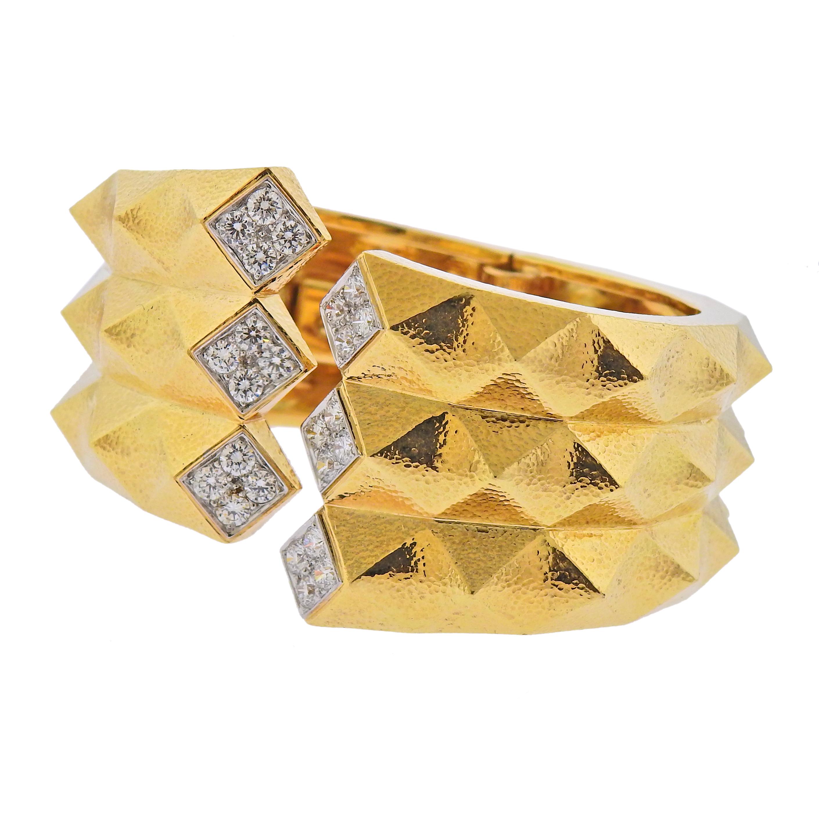 18k hammered gold and platinum Origami cuff bracelet by David Webb, with approx. 2.40cts in H/VS-Si1 diamonds. Cuff will fit approx. 6.75