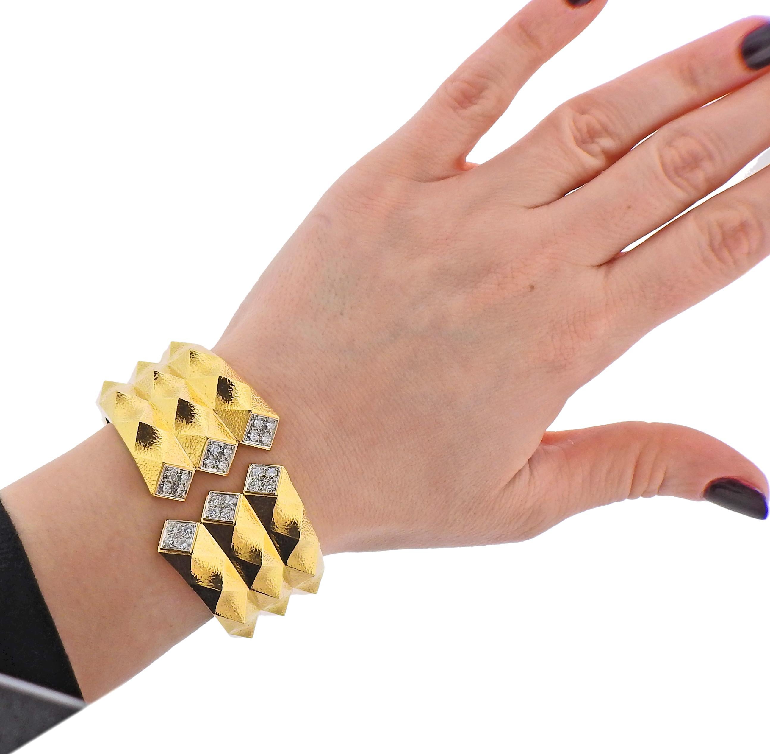 David Webb Diamond Gold Platinum Origami Cuff Bracelet For Sale 1