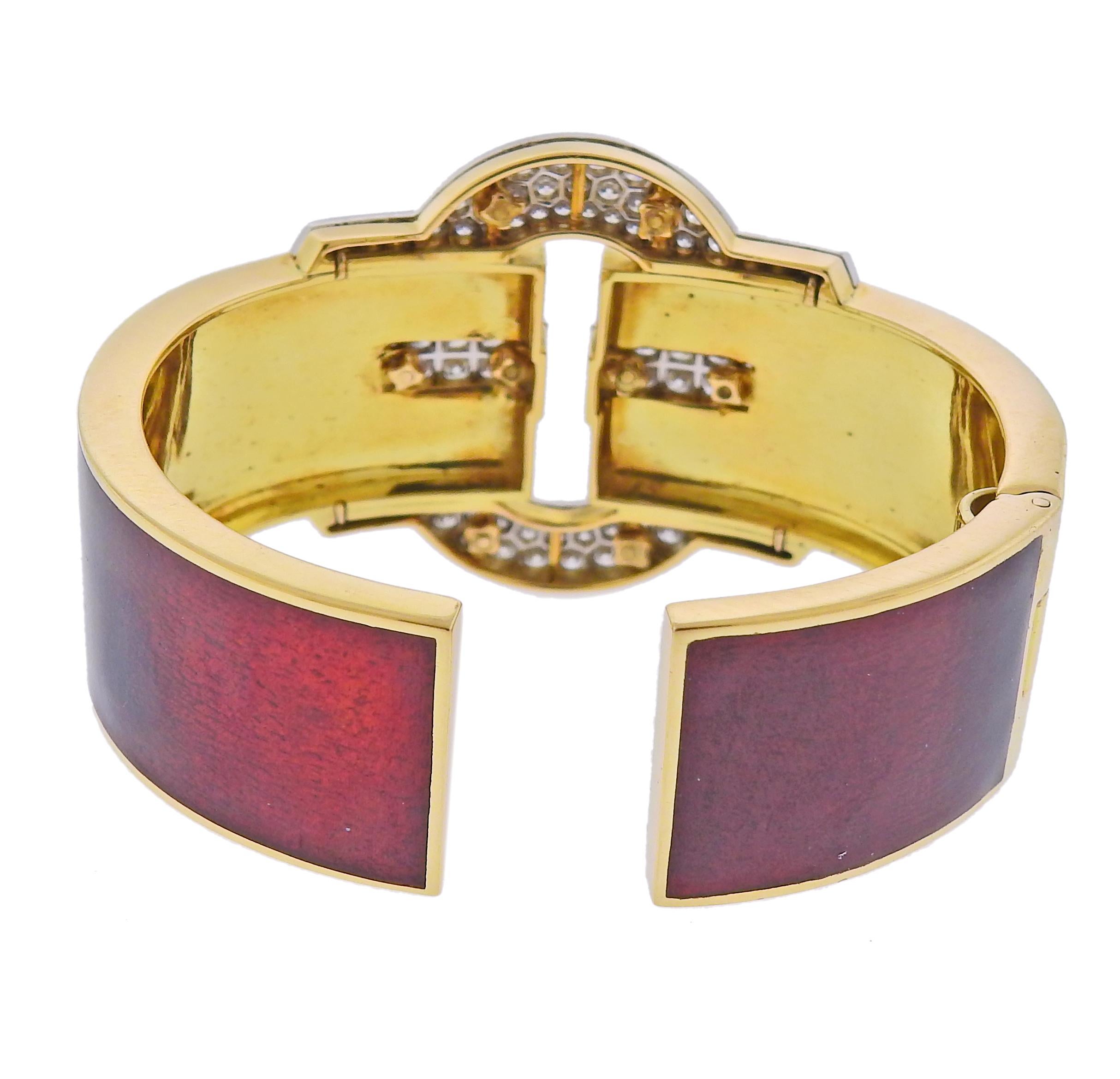 Round Cut David Webb Diamond Gold Platinum Red Enamel Buckle Cuff Bracelet For Sale