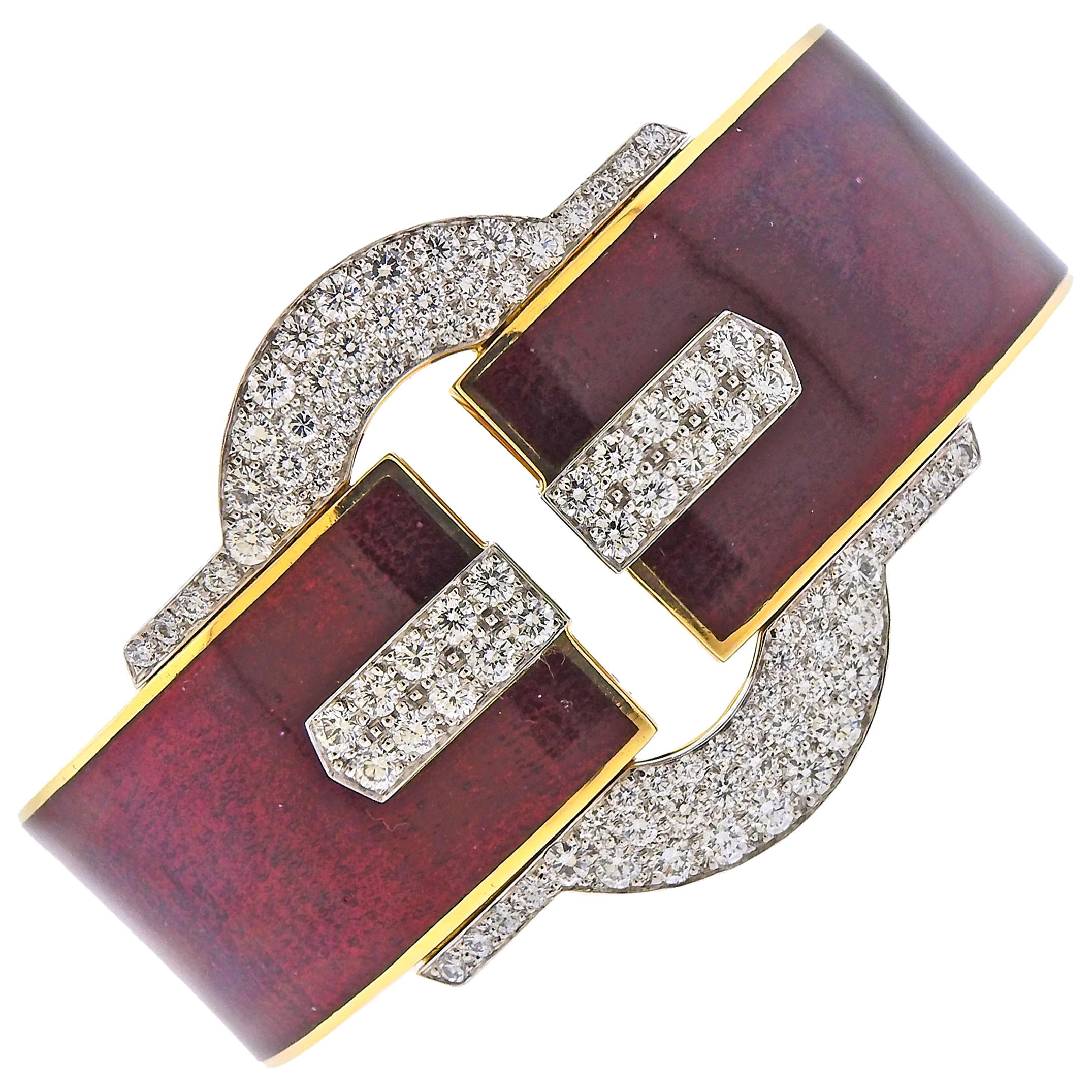 David Webb Diamond Gold Platinum Red Enamel Buckle Cuff Bracelet