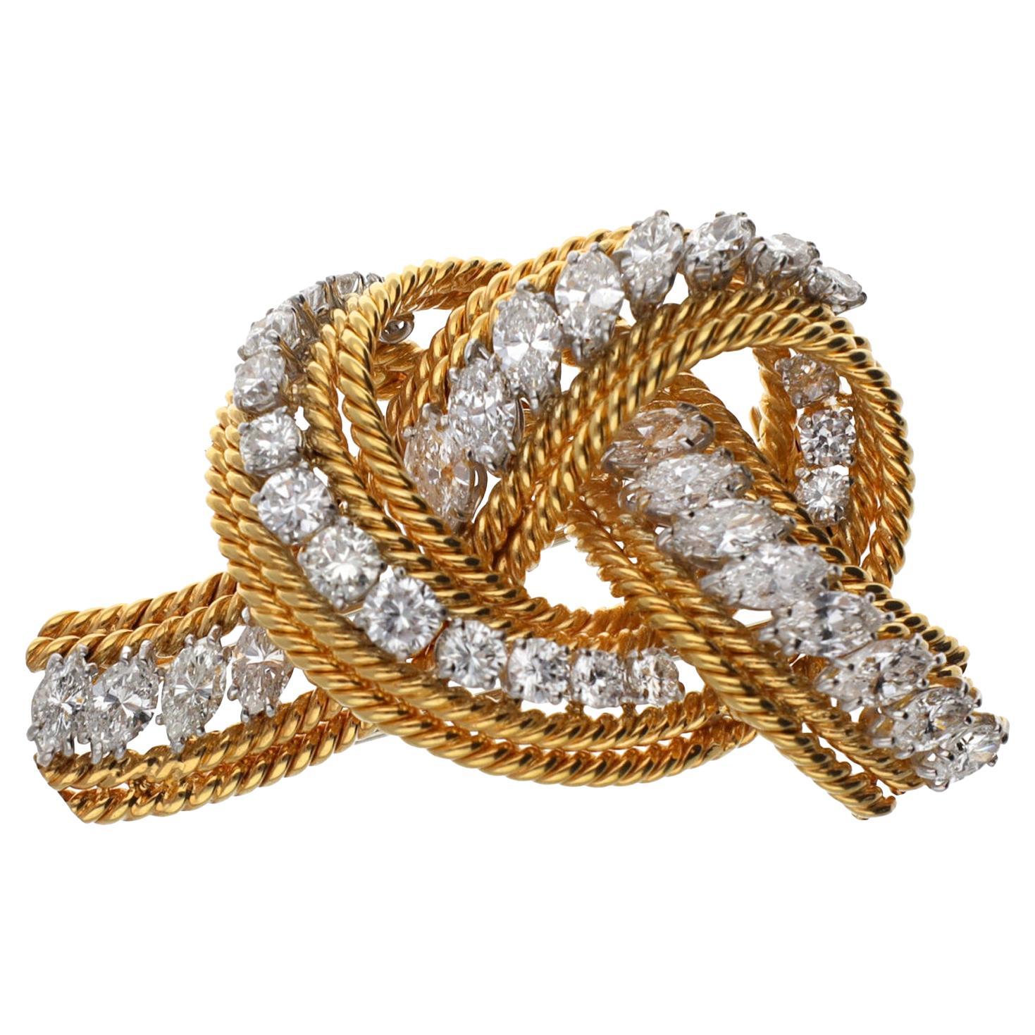 David Webb Diamond Gold Rope Knot Pin For Sale