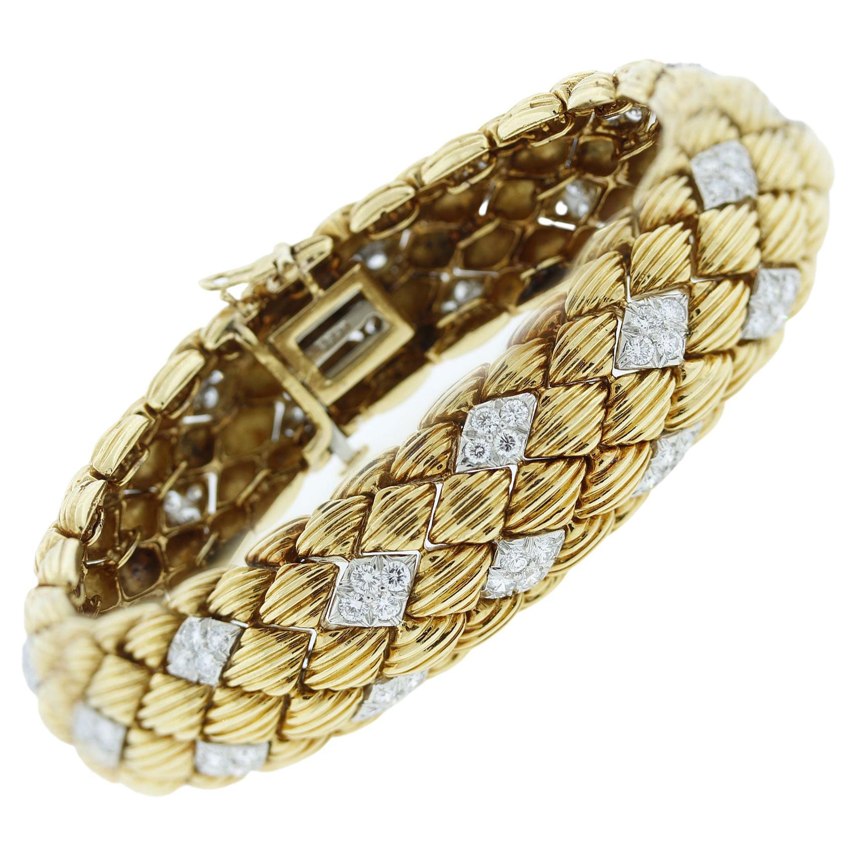 David Webb Diamond Gold Textured Bracelet For Sale