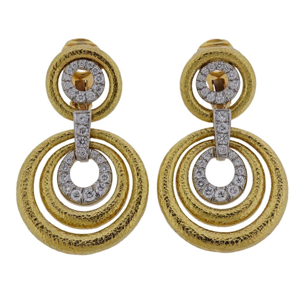 David Webb Diamond Hammered Gold Platinum Circle Drop Earrings