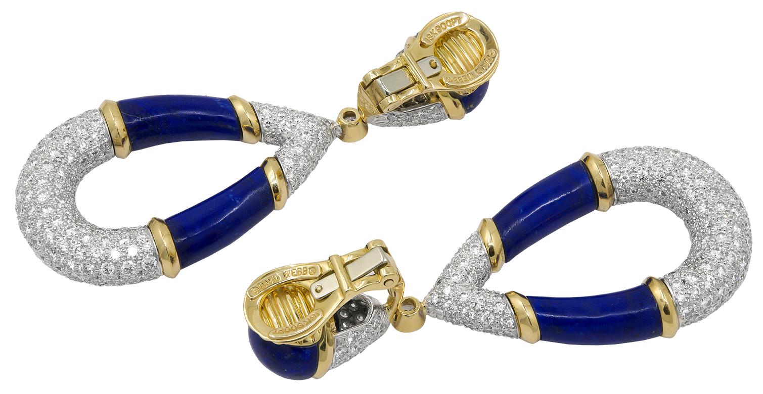 DAVID WEBB Diamond, Lapis Lazuli Earrings
A pair of 18k yellow gold and platinum ear clips, set with diamonds and lapis lazuli, signed David Webb.
Approx. 2.5″ long