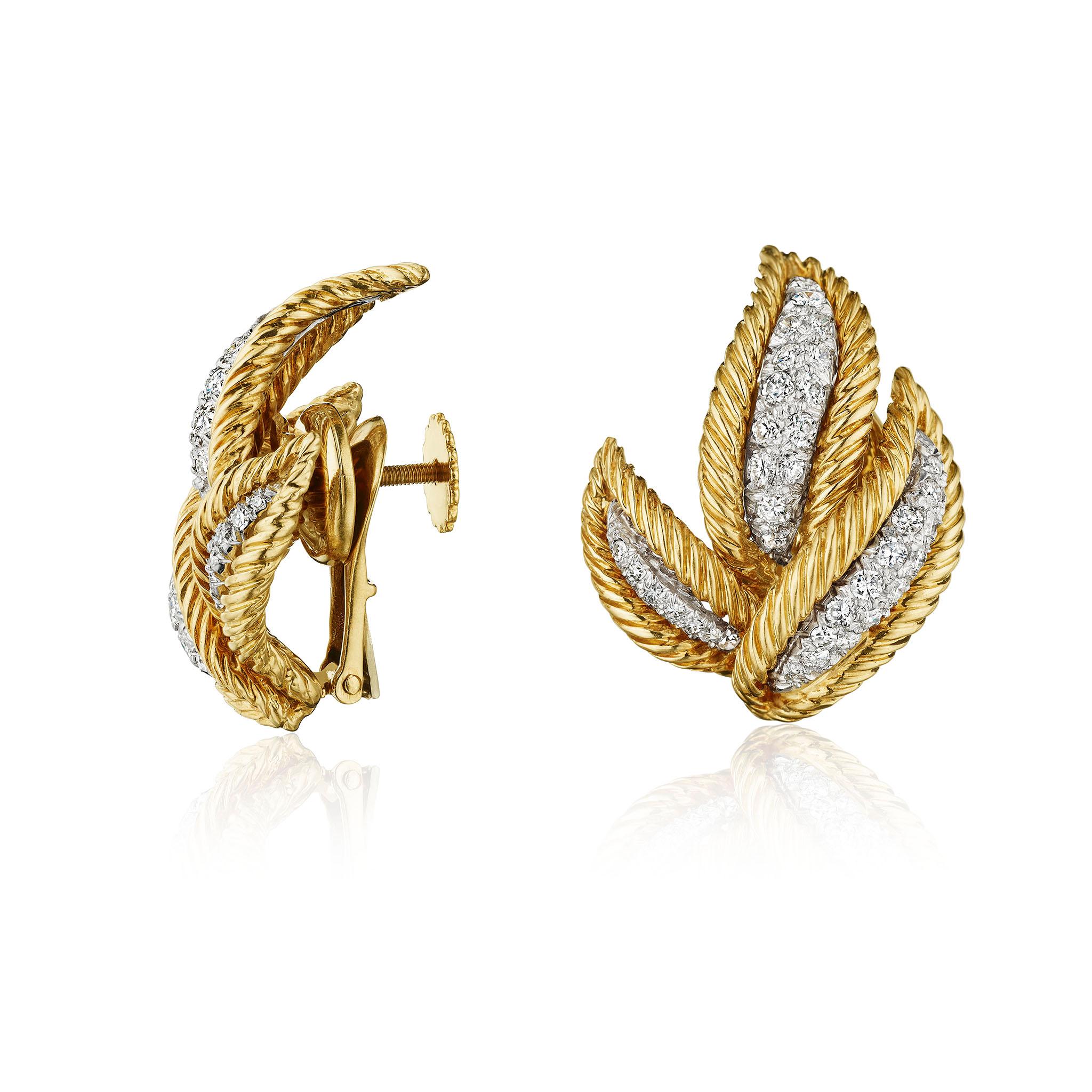 Brilliant Cut David Webb Diamond Leaf Earrings For Sale