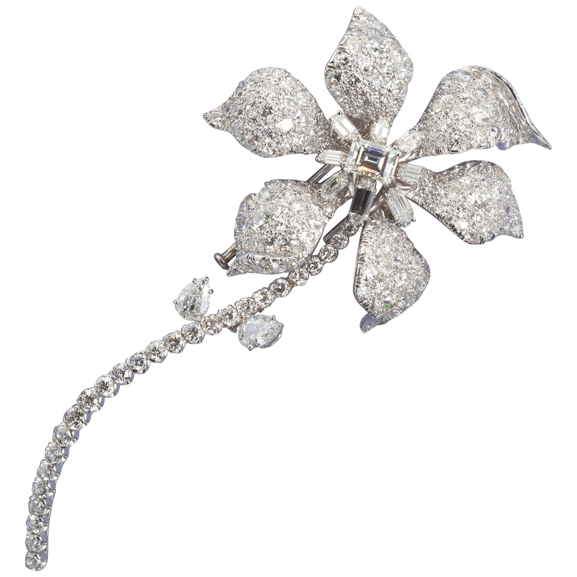 David Webb Diamond Long Stem Flower Brooch