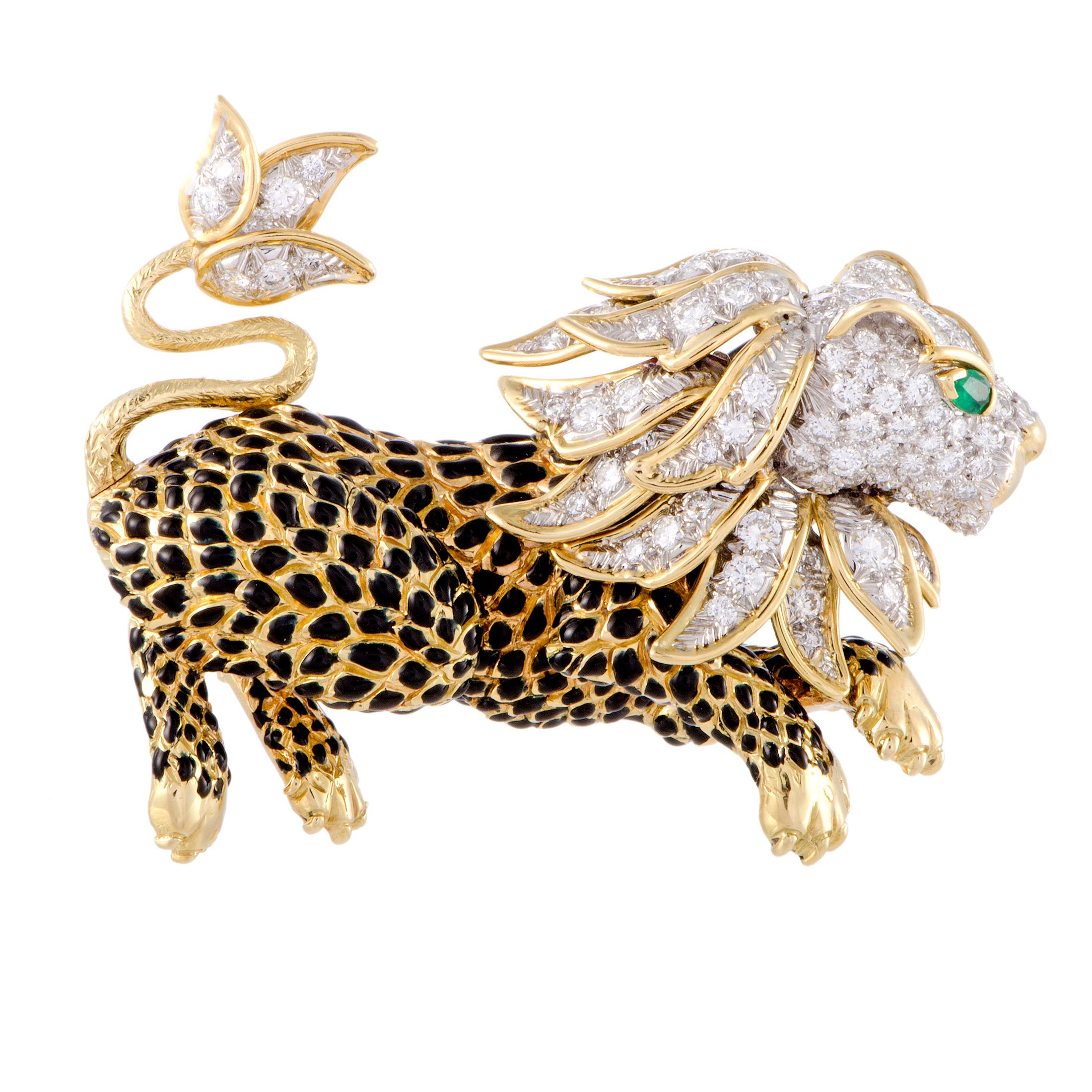 Women's David Webb Diamond Pave and Emerald 18K Yellow and White Gold Leapon Brooch