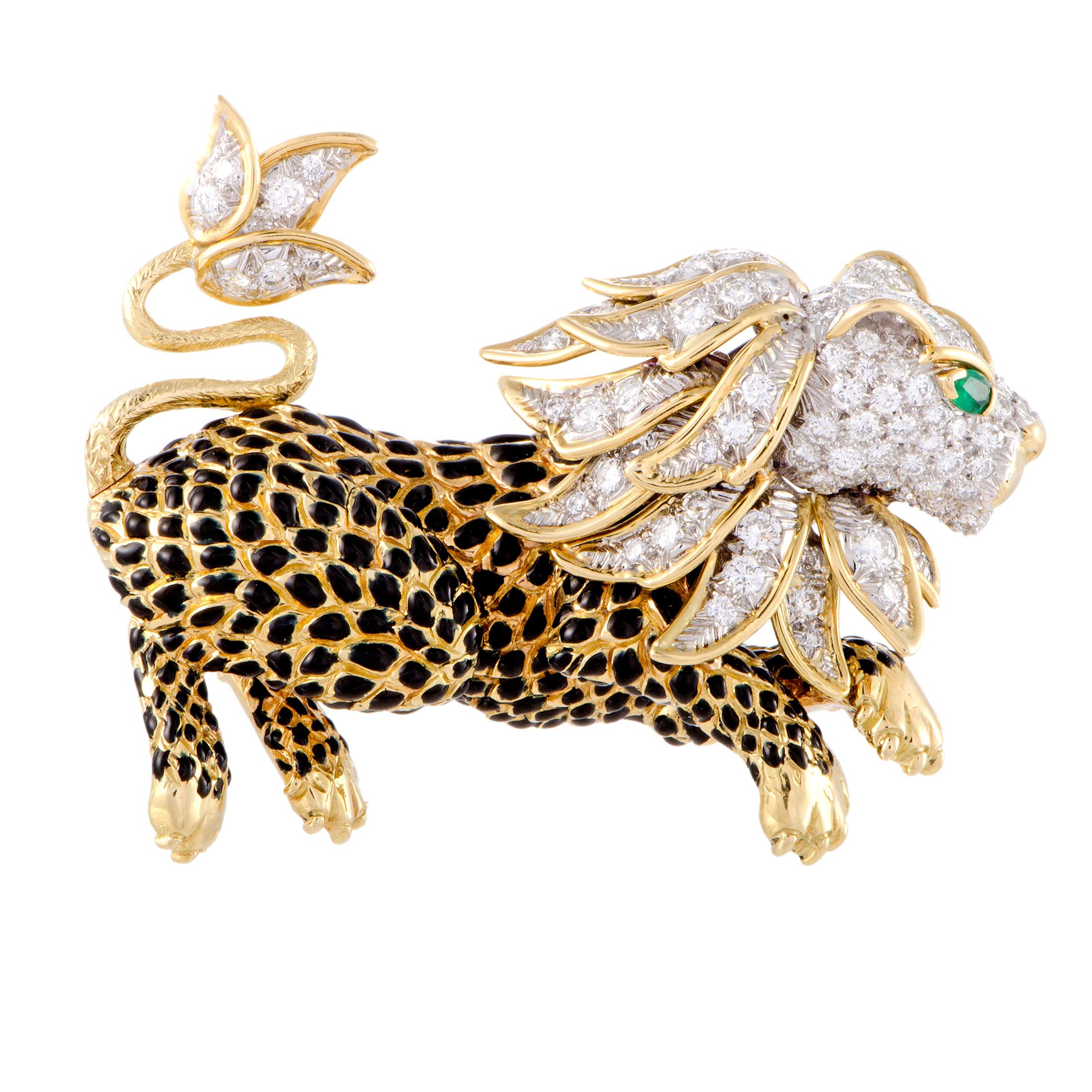 David Webb Diamond Pave and Emerald 18K Yellow and White Gold Leapon Brooch