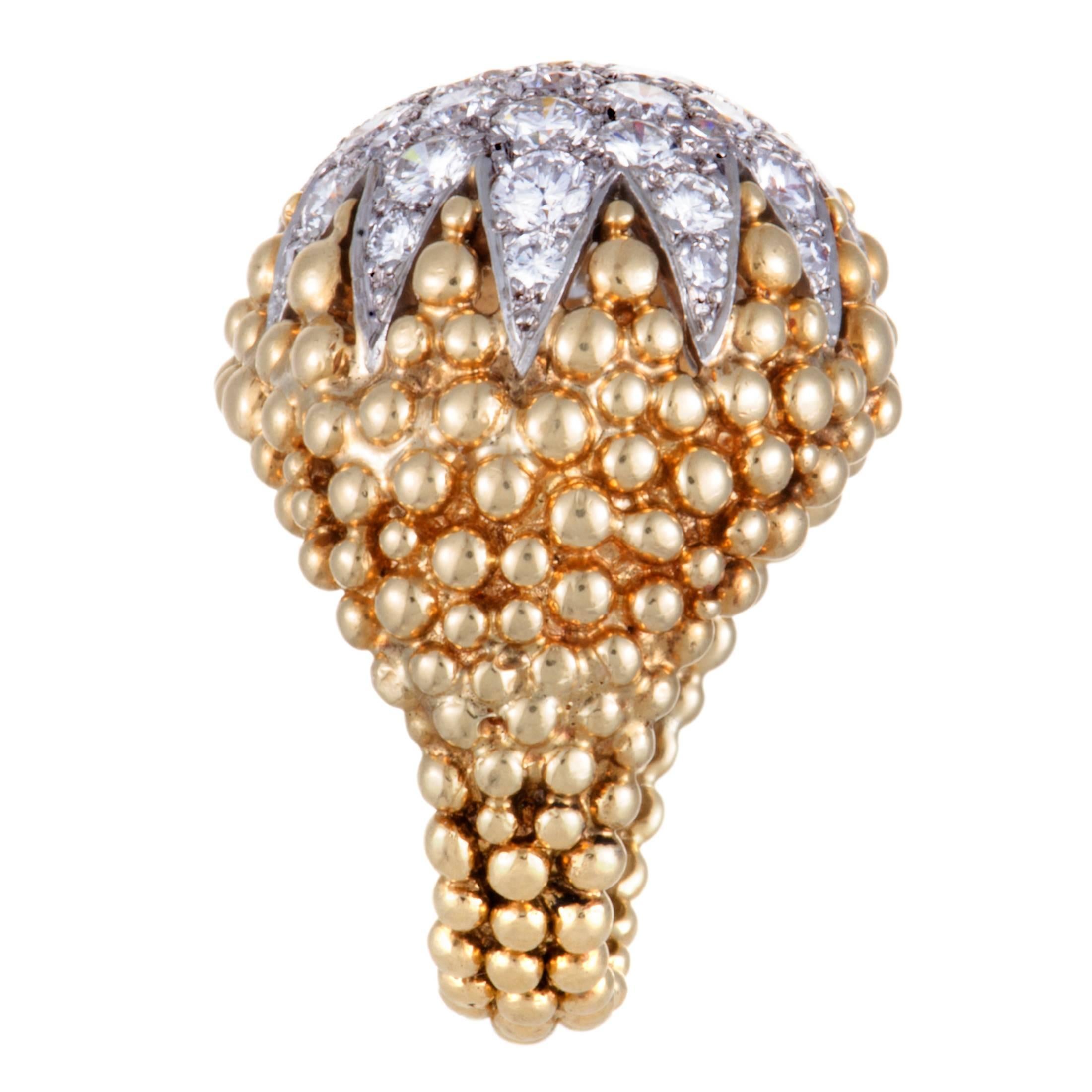 David Webb Diamond Pave Yellow Gold and Platinum Bombe Ring In Excellent Condition In Southampton, PA
