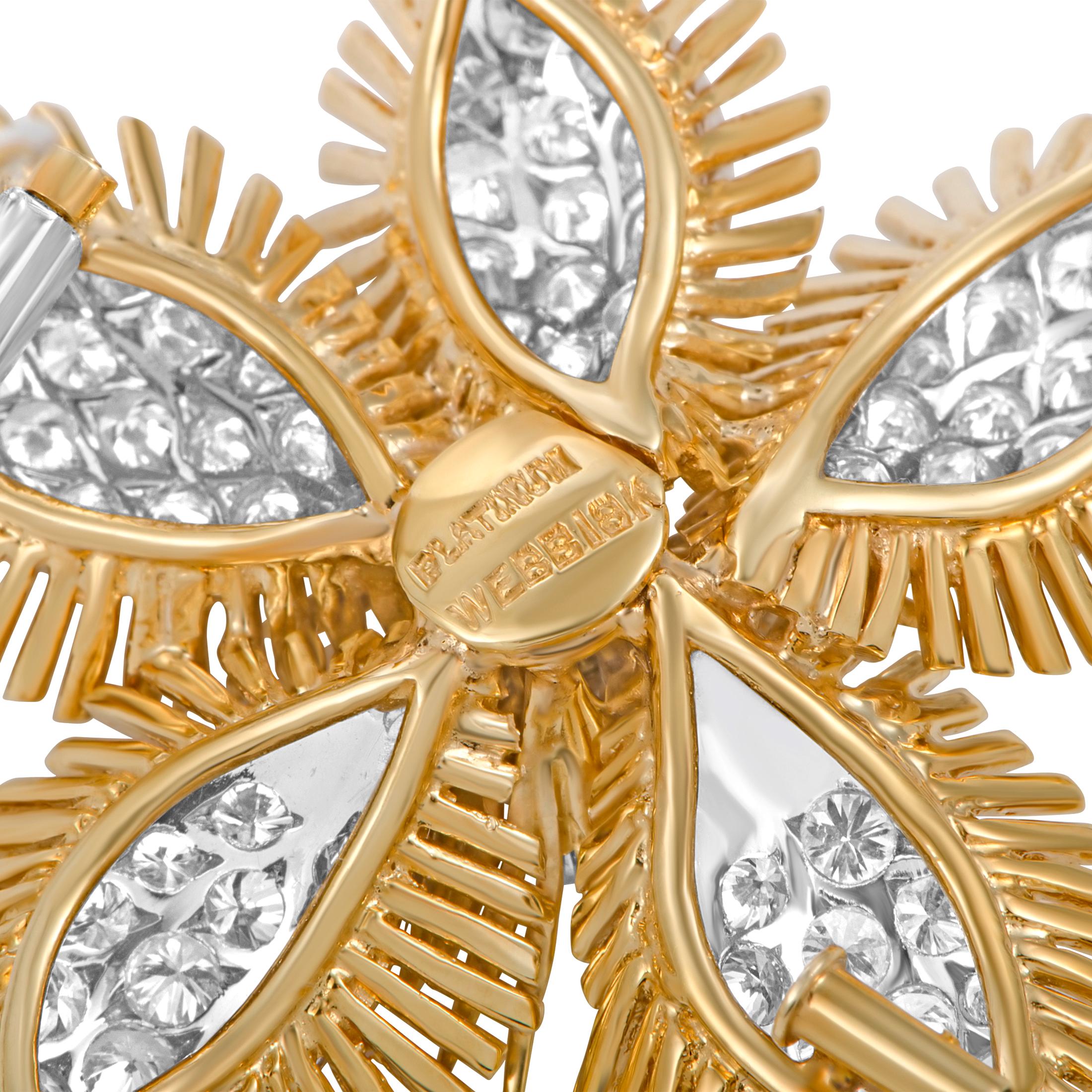 David Webb Diamond Pavé Yellow Gold and Platinum Flower Brooch In Excellent Condition In Southampton, PA