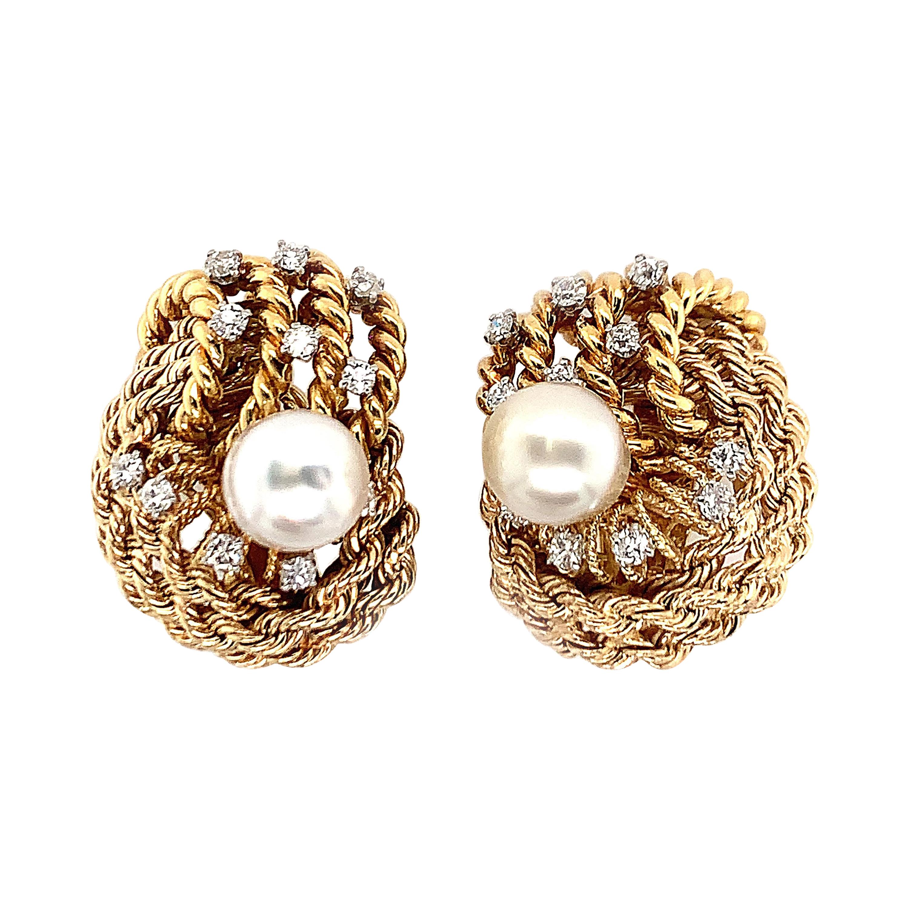 David Webb Diamond Pearl Ear Clips