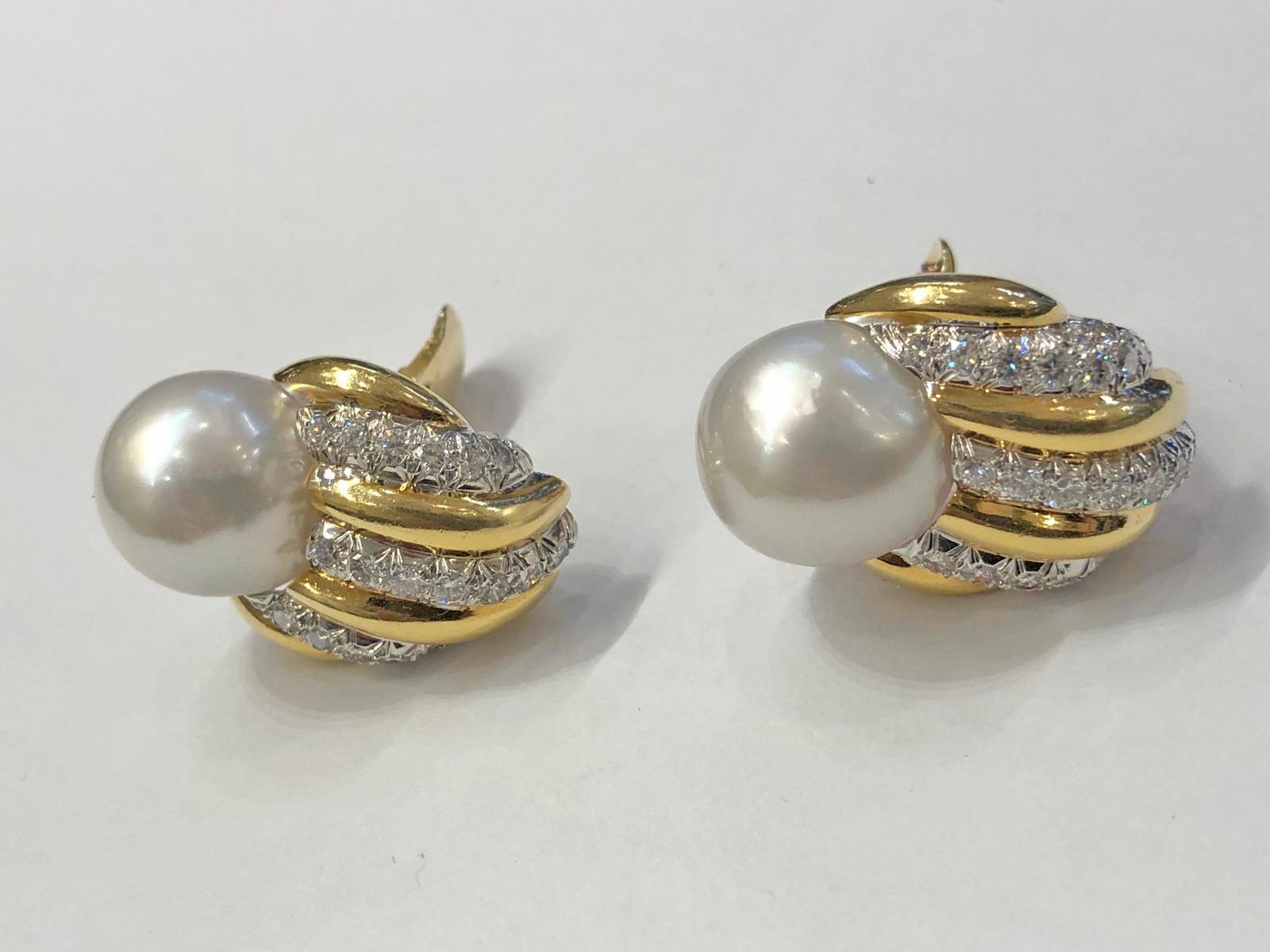Round Cut David Webb Vintage Collection Diamond Pearl Gold Earrings For Sale