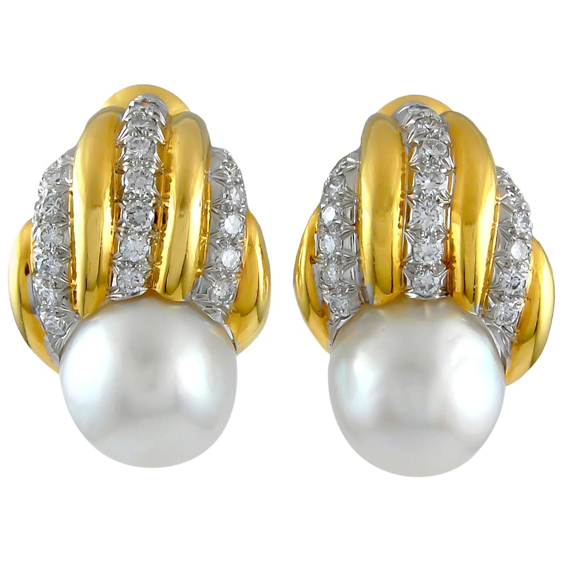 David Webb Vintage Collection Diamond Pearl Gold Earrings