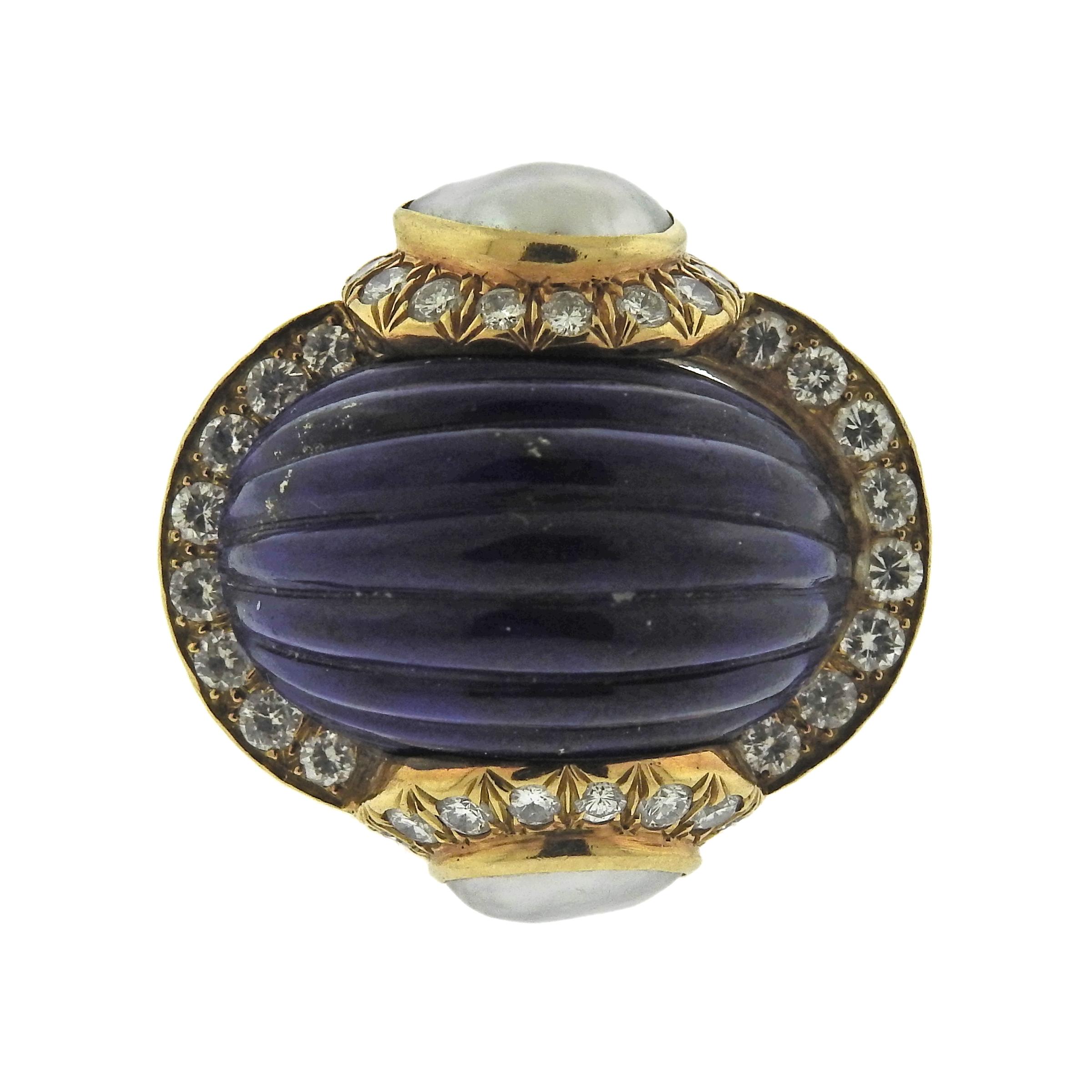 Impressive large 18k gold David Webb ring, set with carved lapis and pearls, surrounded with approximately 2.25ctw in H/VS diamonds.  Ring size - 7, ring top - 29mm x 30mm, sits approx. 22mm from top of the finger, weighs 32.7 grams. Marked 18k,