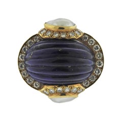 David Webb Diamond Pearl Lapis Gold Ring