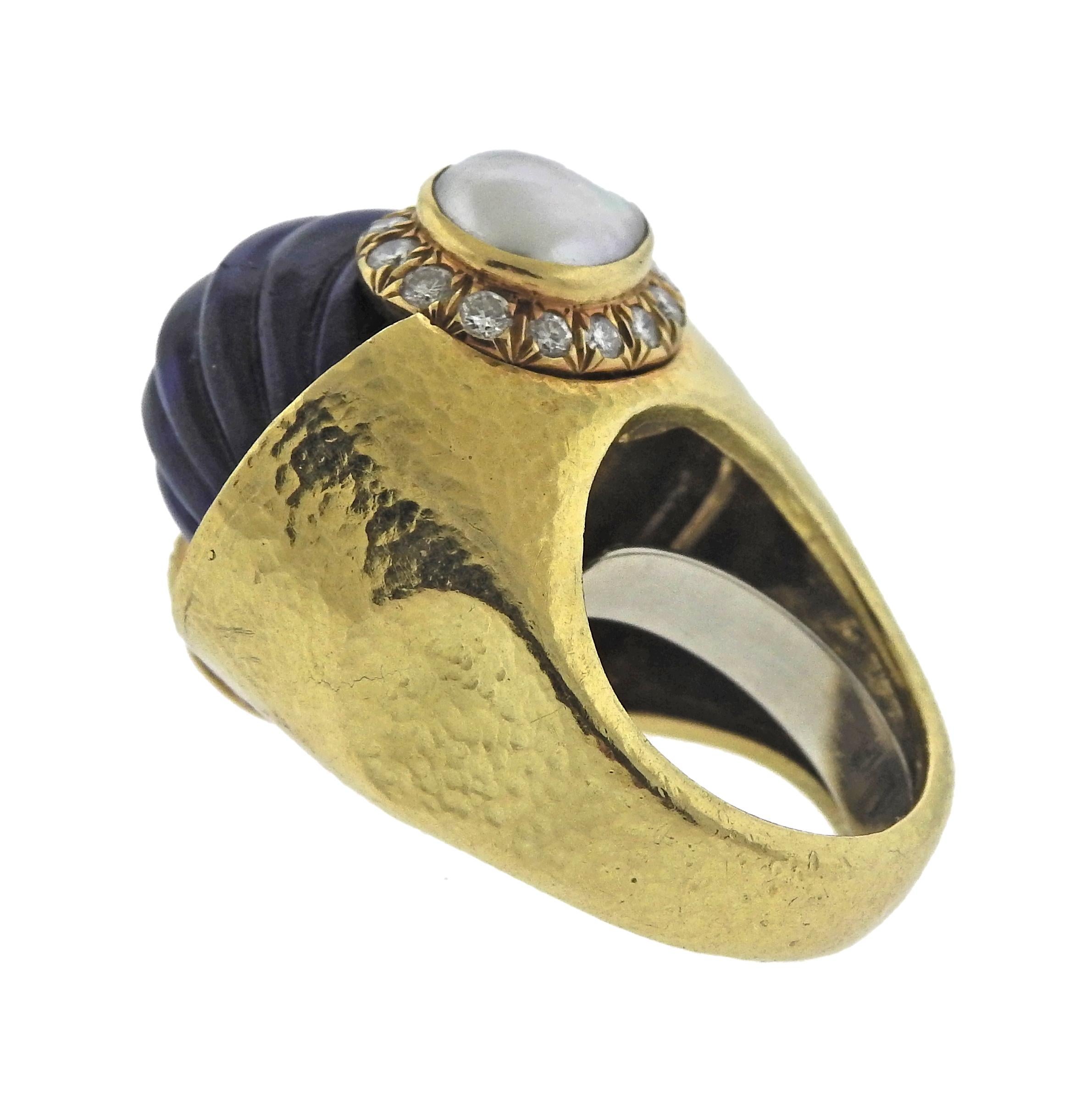 David Webb Diamond Pearl Lapis Gold Ring In Excellent Condition For Sale In Lambertville, NJ