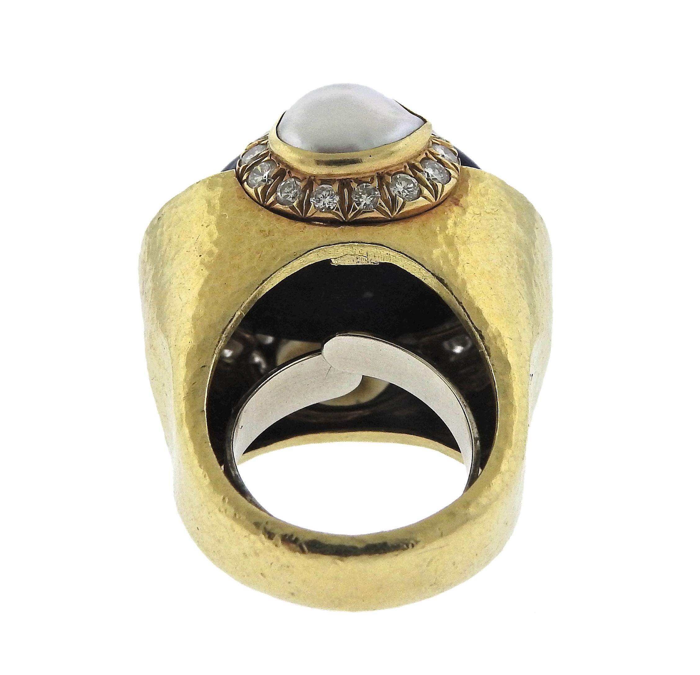 Women's David Webb Diamond Pearl Lapis Gold Ring For Sale