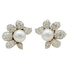 David Webb Diamond Pearl Platinum Flower Earrings