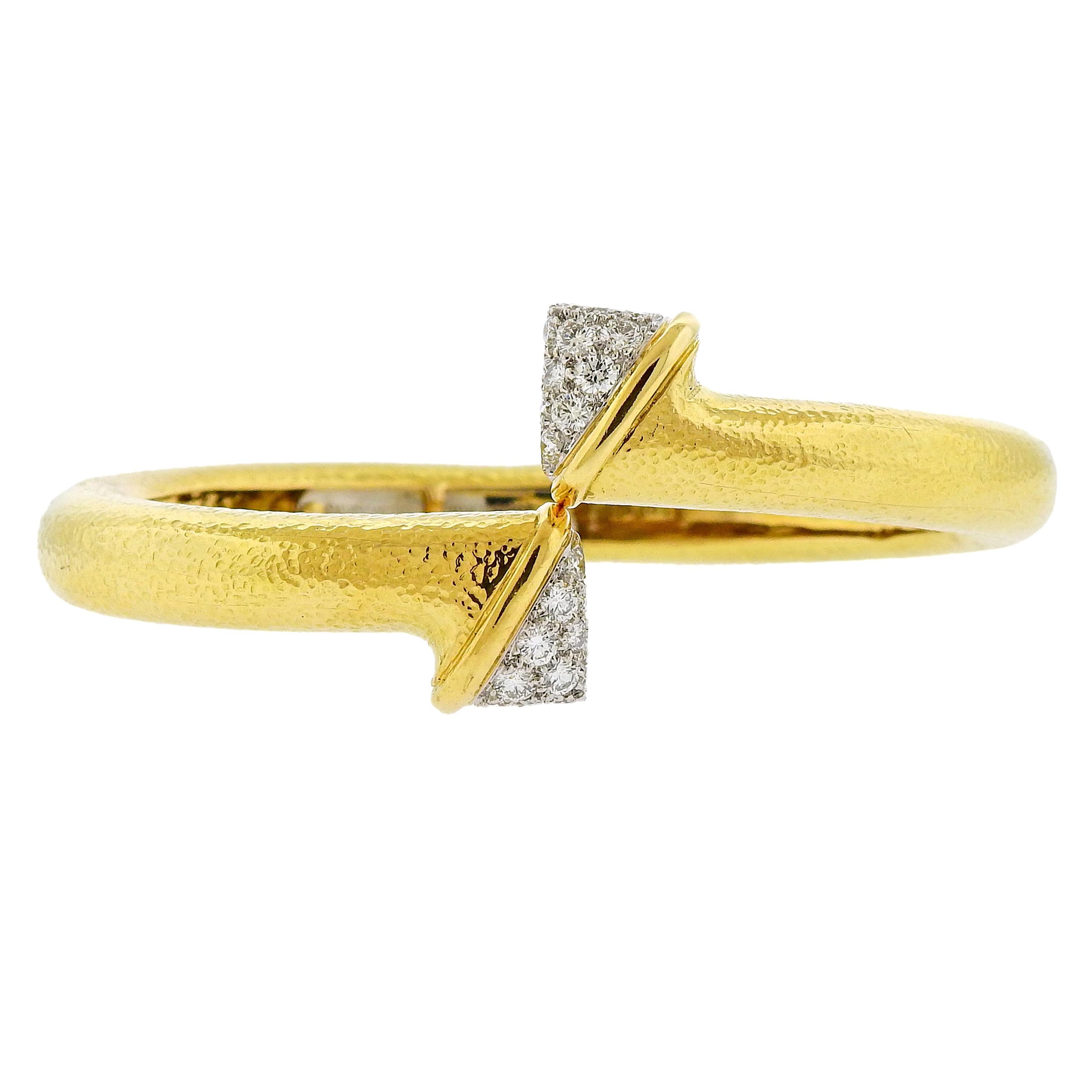 David Webb Diamond Platinum Hammered Gold Crossover Bangle Bracelet