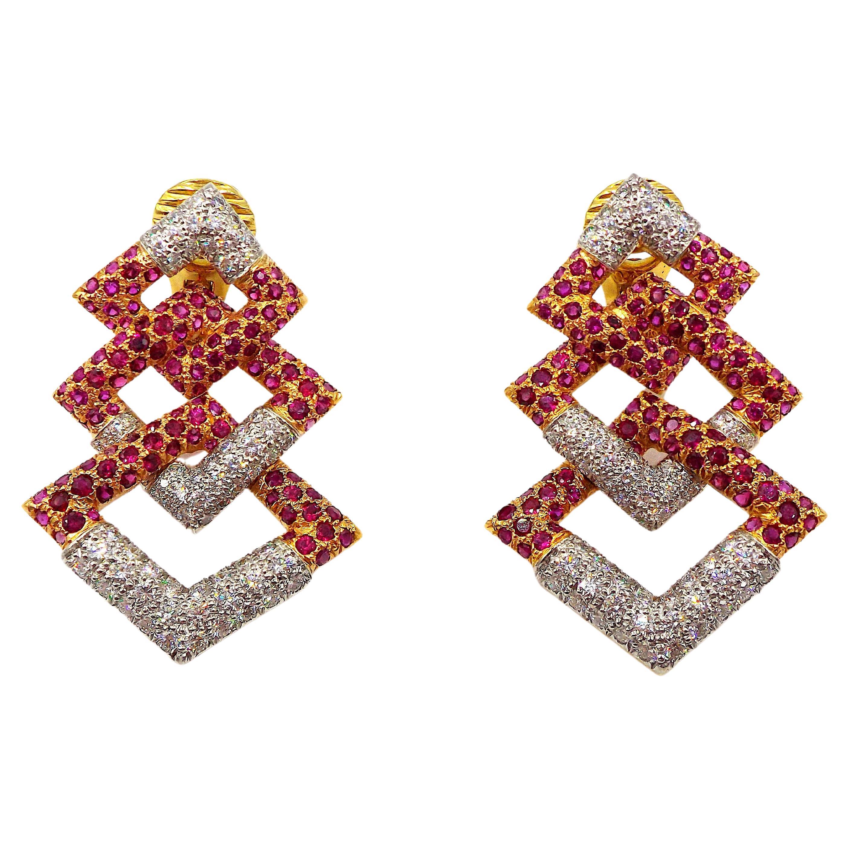 David Webb Diamond Ruby 18K Rose Gold Platinum Earrings For Sale
