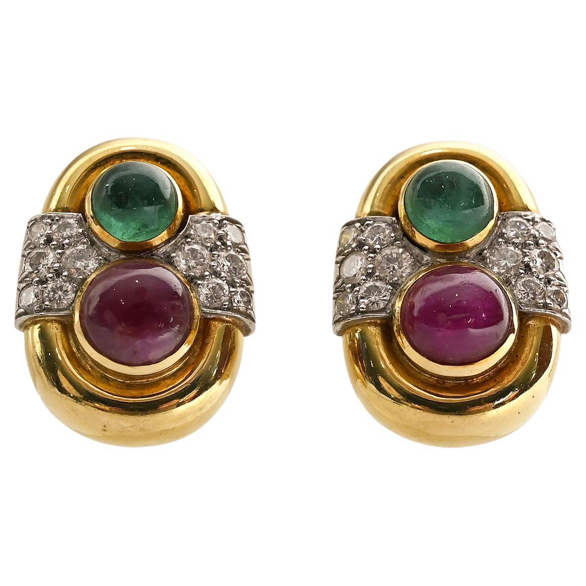 David Webb Diamond, Ruby and Emerald Earrings