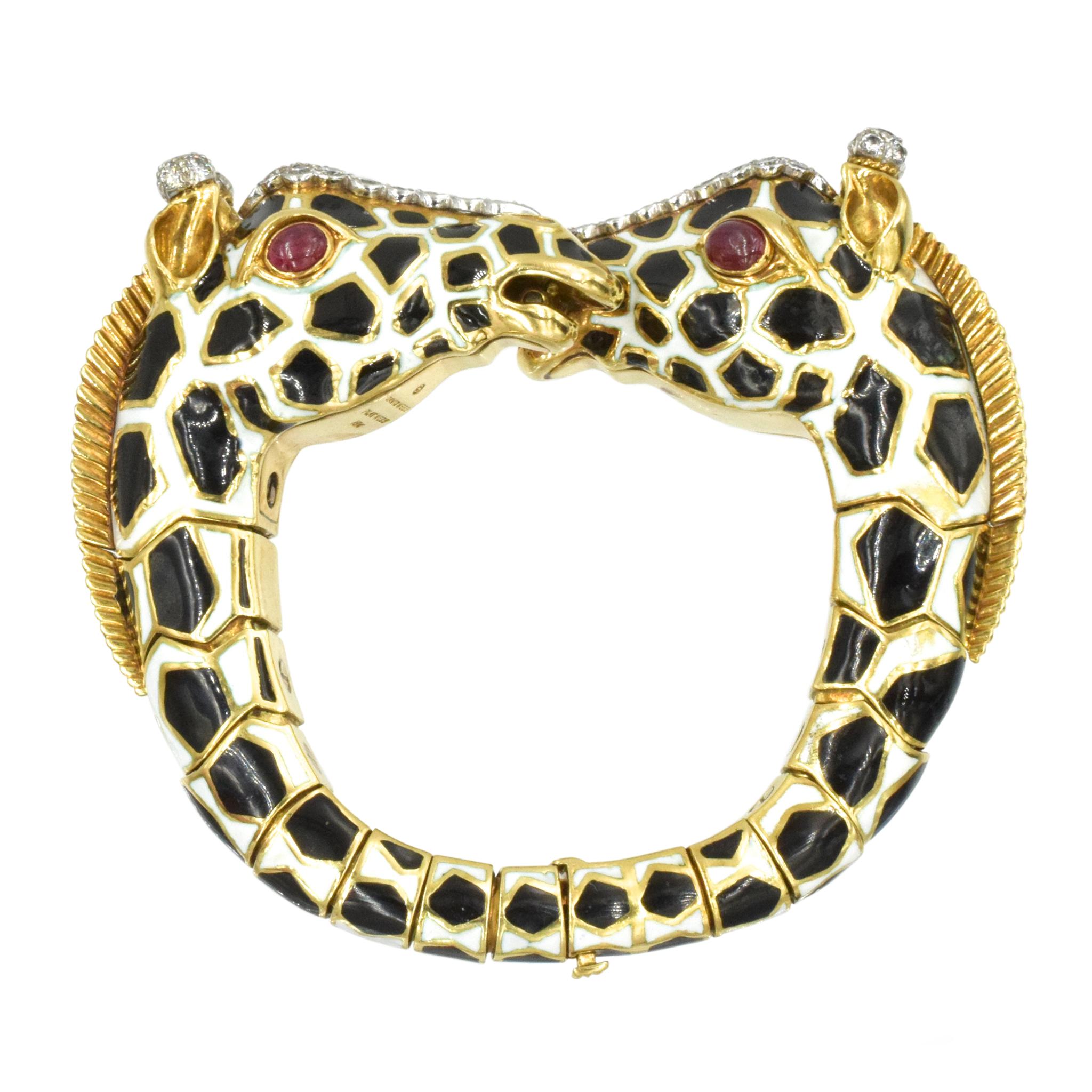 David Webb Diamond, Ruby And Enamel Giraffe Bracelet  In 18k Yellow Gold And Platinum.
Set with ruby cabochons and round brilliant cut diamonds weighing total of approximately 2.30ct,
color G clarity VS.
 Measuring 6 inches long and 0.75 inch wide.
