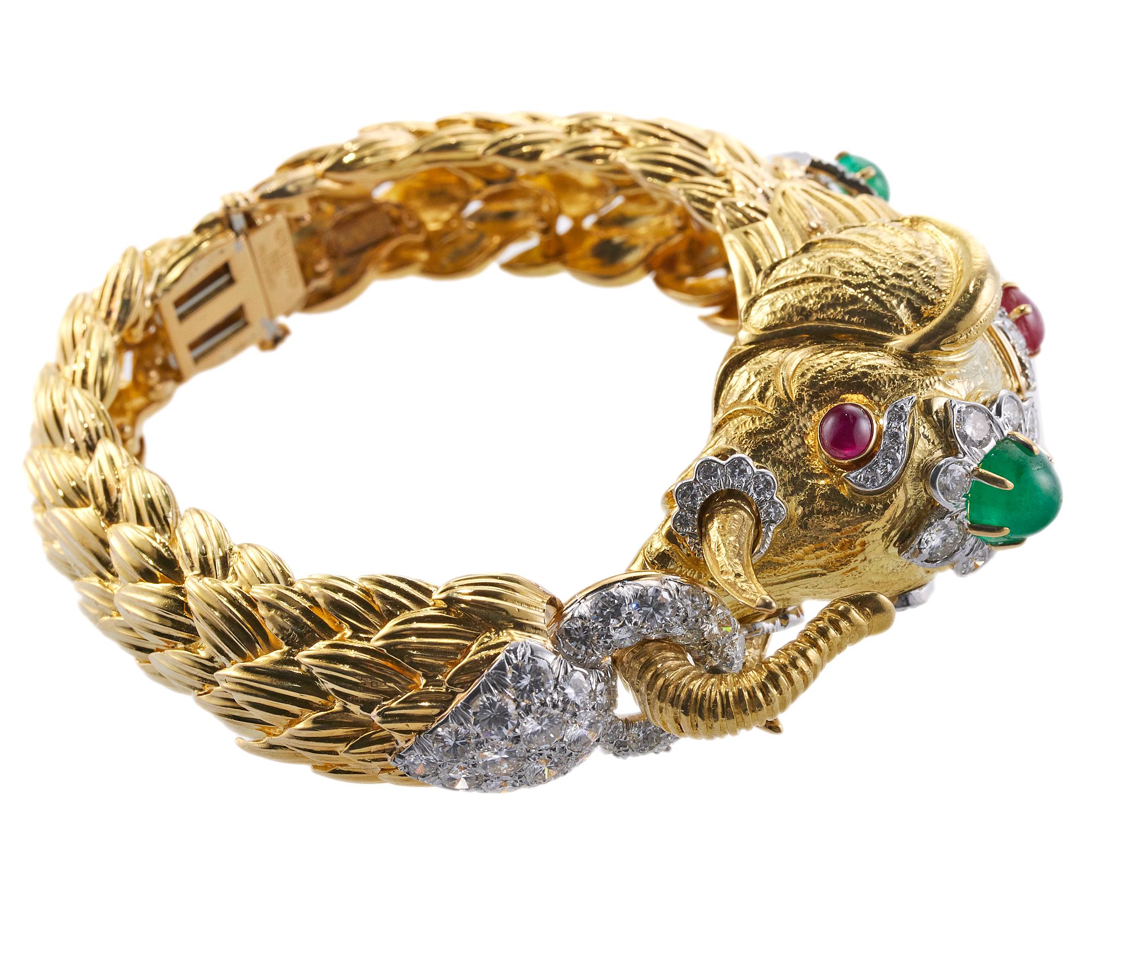 Round Cut David Webb Diamond Ruby Emerald Platinum Gold Elephant Bracelet For Sale