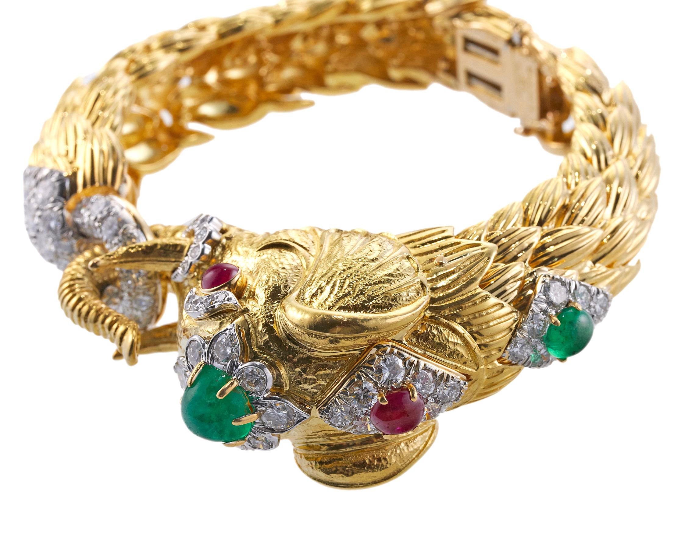 David Webb Diamond Ruby Emerald Platinum Gold Elephant Bracelet In Excellent Condition For Sale In Lambertville, NJ