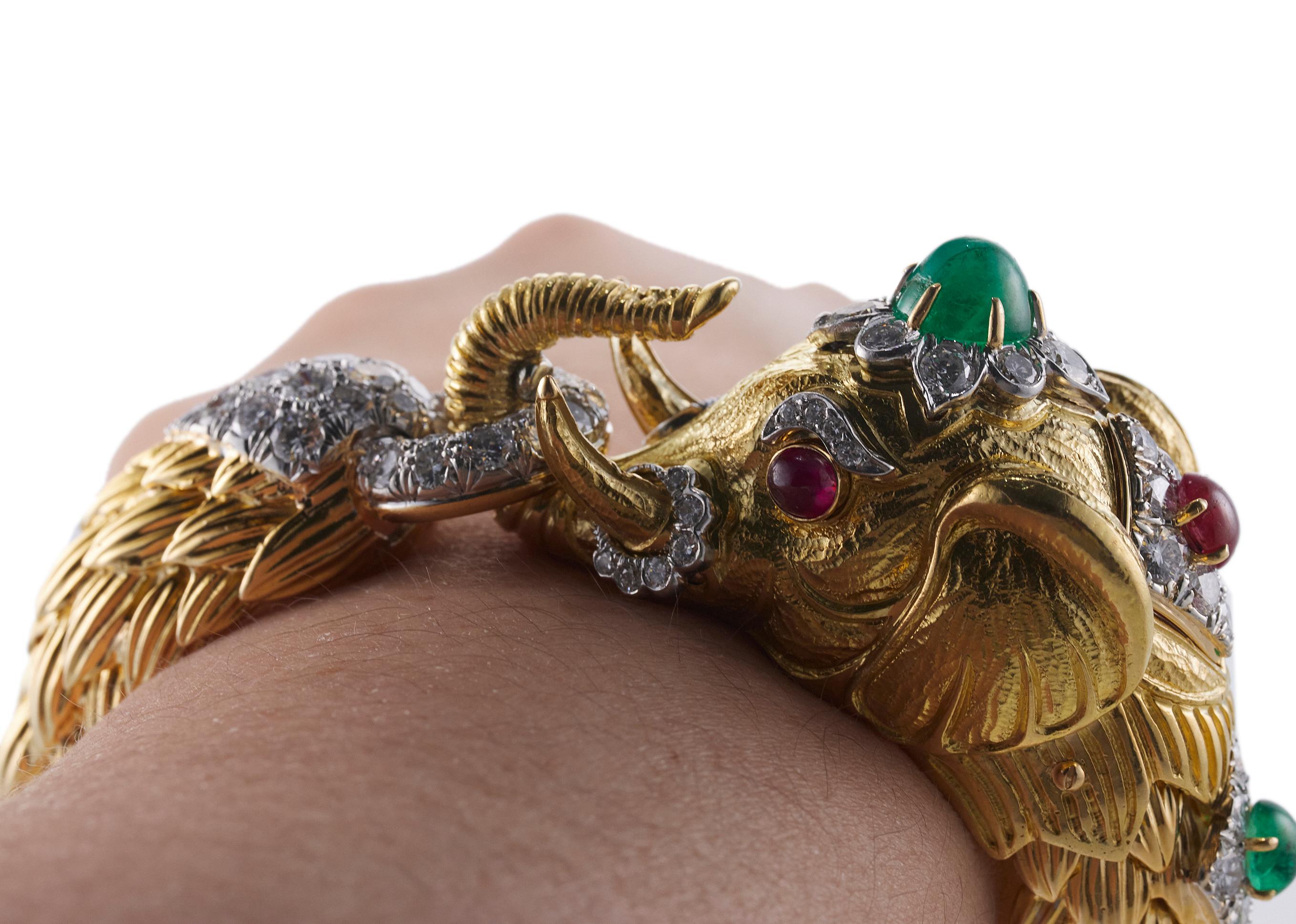 David Webb Diamond Ruby Emerald Platinum Gold Elephant Bracelet For Sale 1