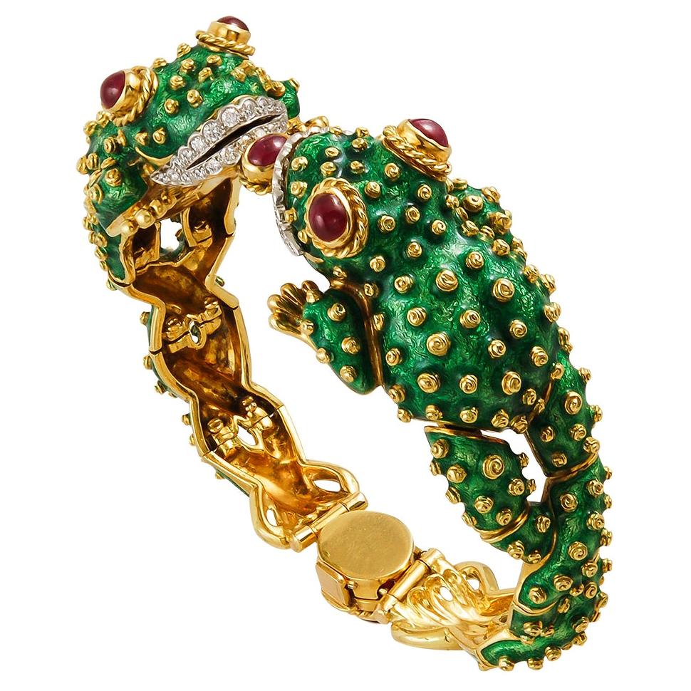David Webb Bracelet grenouille en or, platine, émail, rubis et diamants