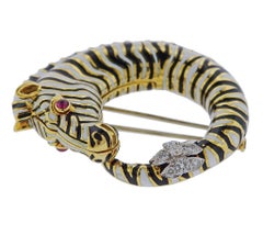 David Webb Diamond Ruby Enamel Gold Platinum Zebra Brooch Pin