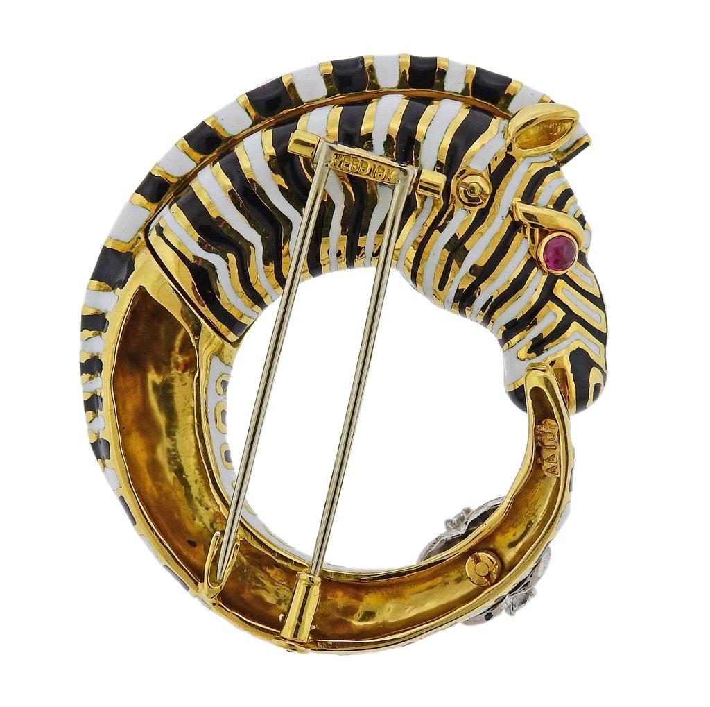 David Webb Diamond Ruby Enamel Gold Platinum Zebra Brooch Pin In Excellent Condition For Sale In Lambertville, NJ