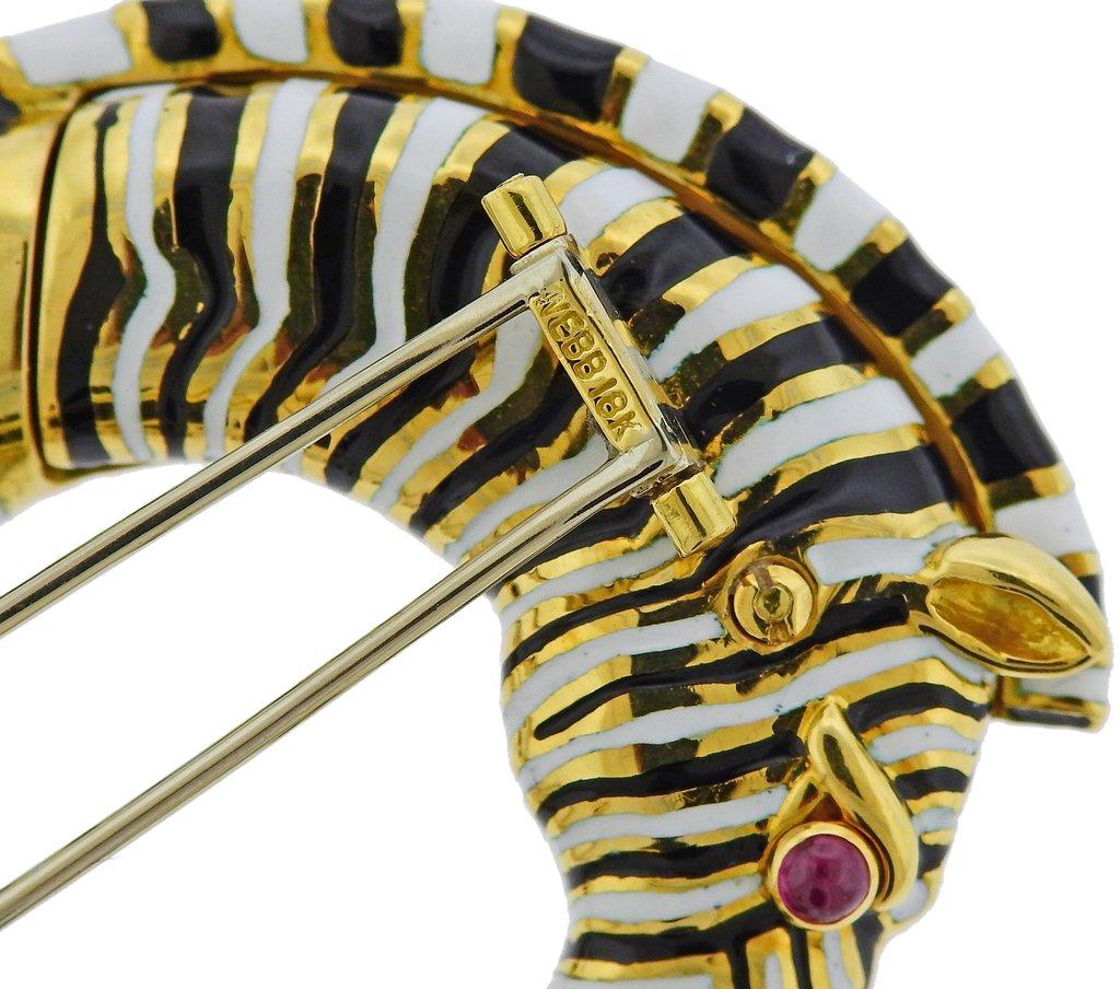Women's or Men's David Webb Diamond Ruby Enamel Gold Platinum Zebra Brooch Pin For Sale