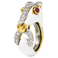 David Webb Diamond Ruby Enamel Platinum 18 Karat Yellow Gold Kingdom Horse Ring
