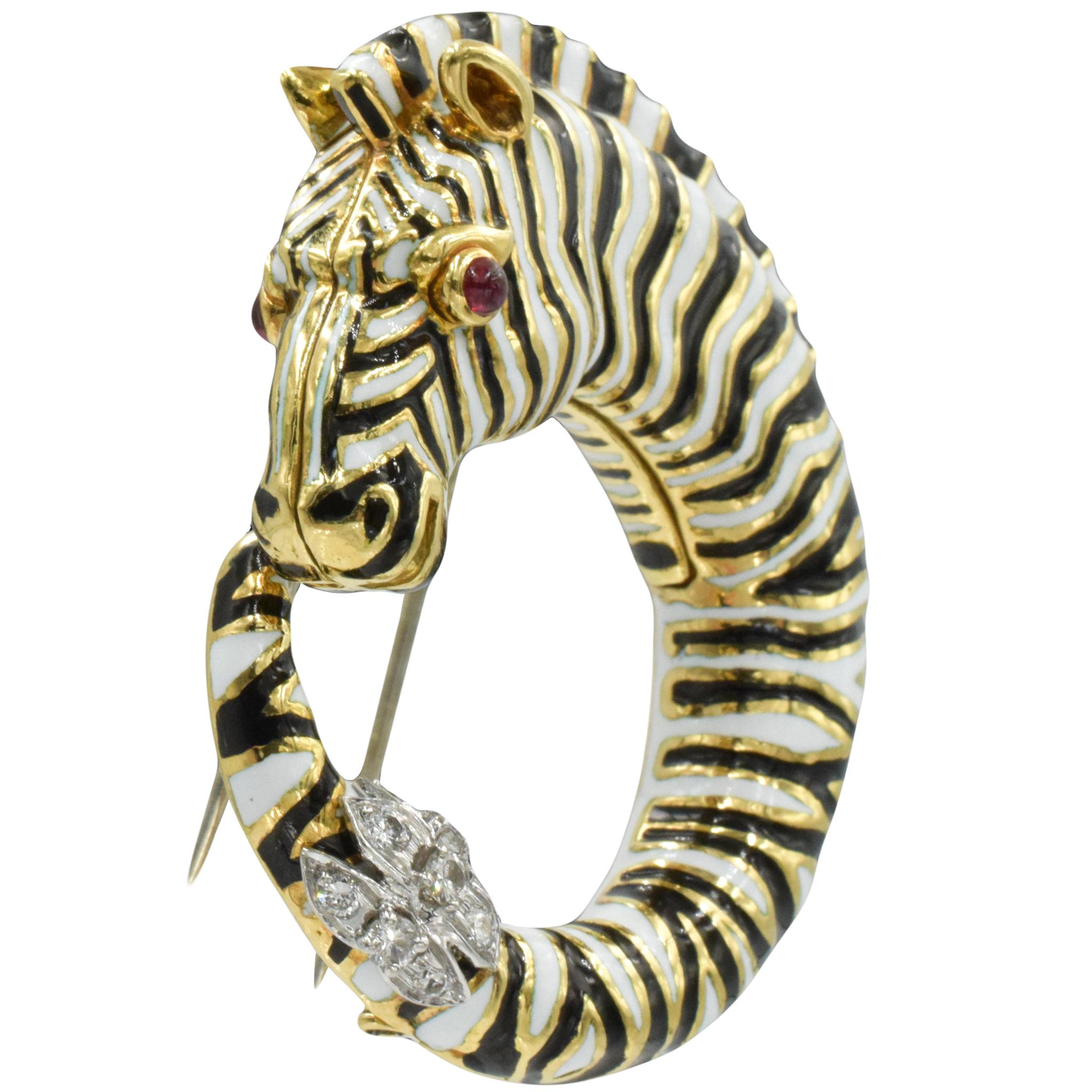 Round Cut David Webb Diamond, Ruby, Enamel Zebra Brooch