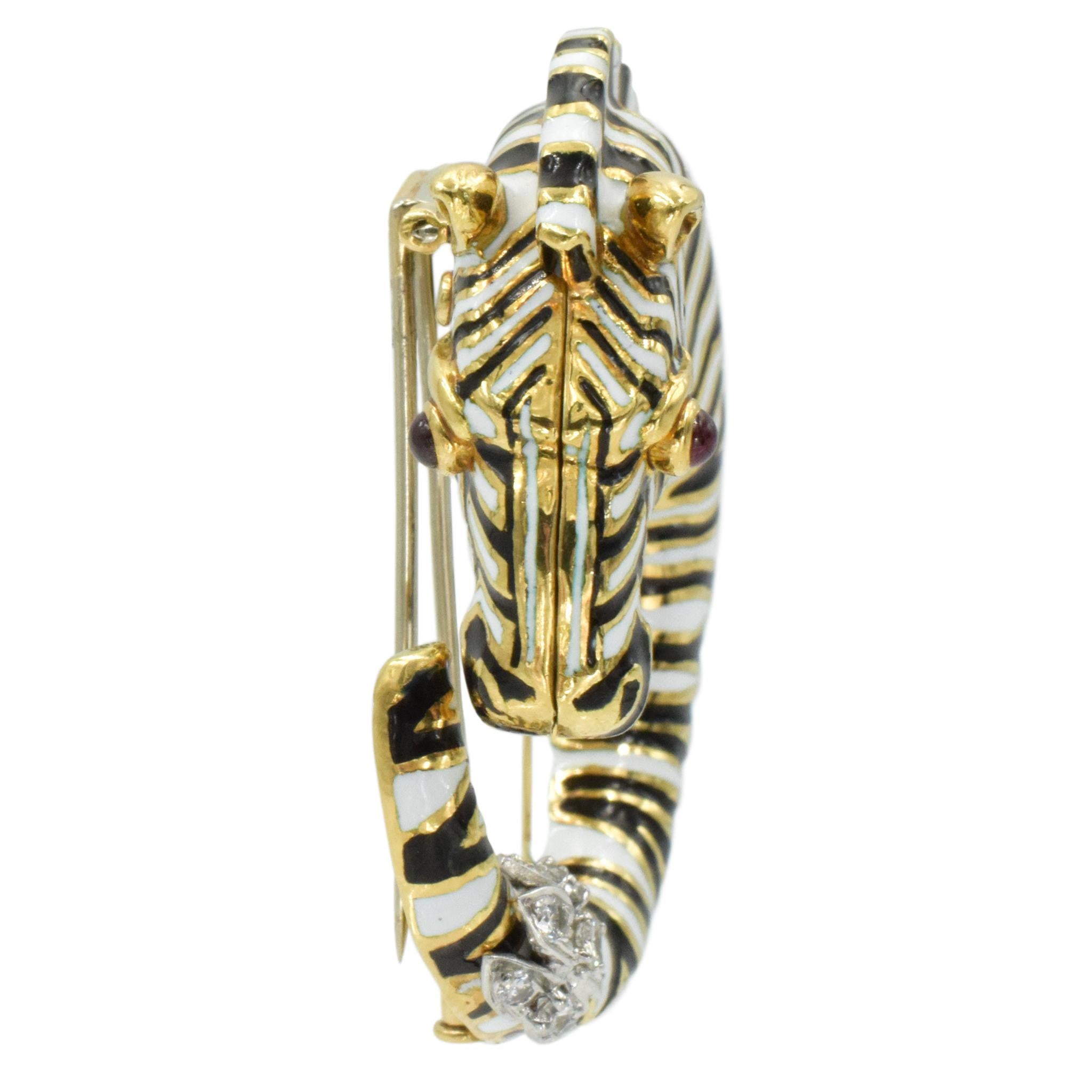 David Webb Diamond, Ruby, Enamel Zebra Brooch In Excellent Condition In New York, NY