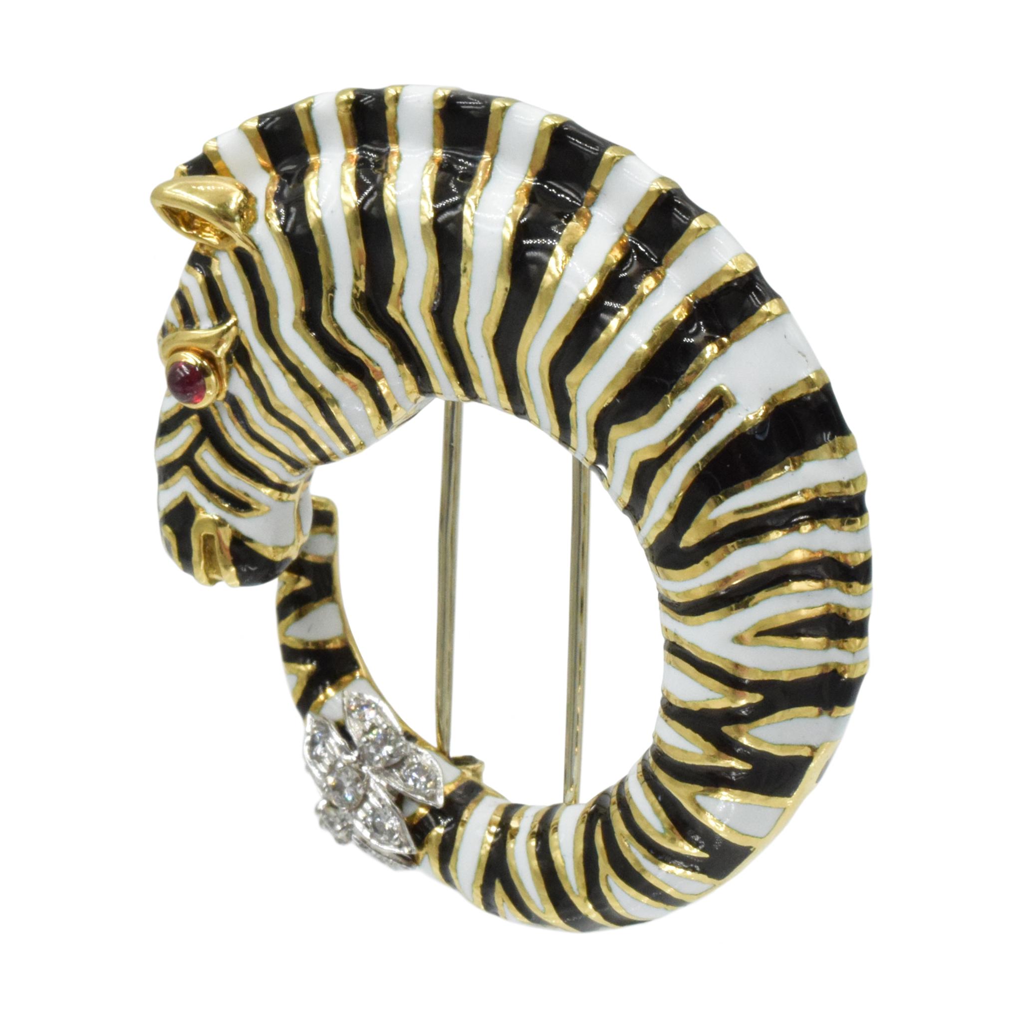 David Webb Diamond, Ruby, Enamel Zebra Brooch 1