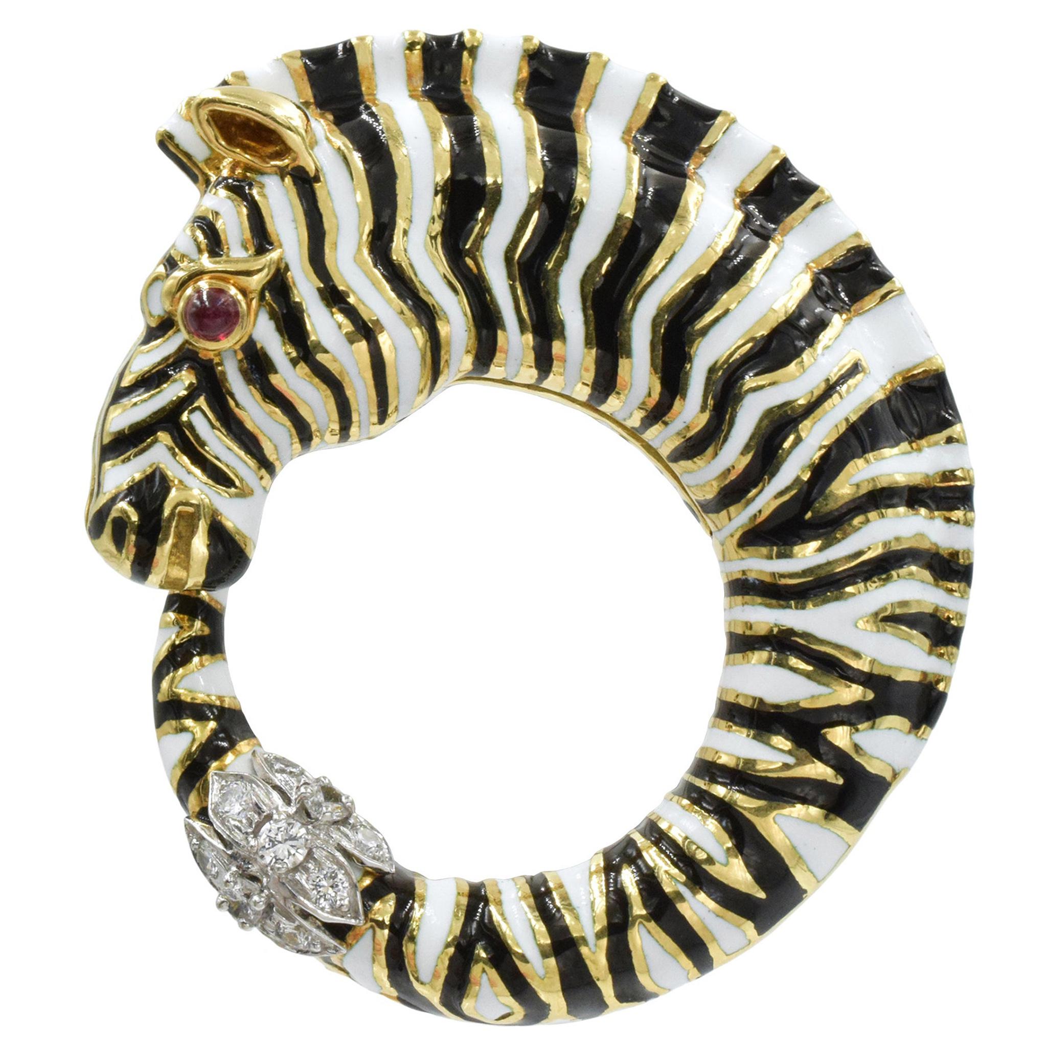 David Webb Diamond, Ruby, Enamel Zebra Brooch