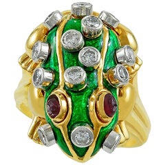 David Webb Diamond Ruby Green Enamel Yellow Gold Frog Ring