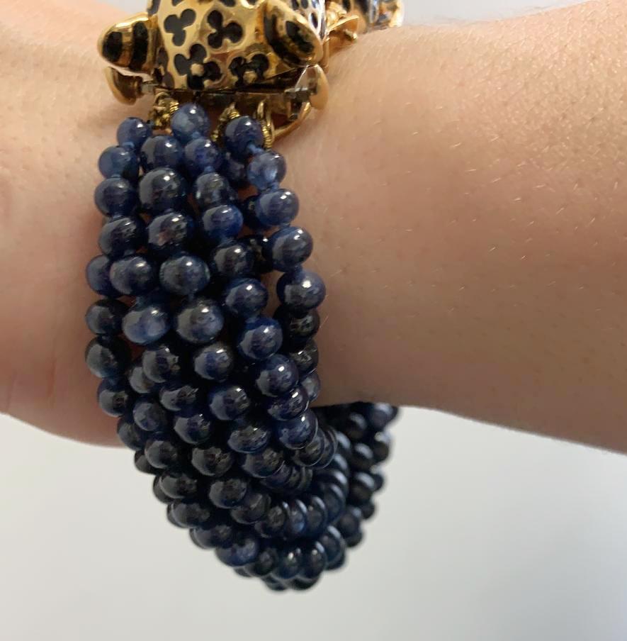David Webb Diamond Sapphire Beads Gold Platinum Double Leopard Bracelet In Good Condition For Sale In New York, NY
