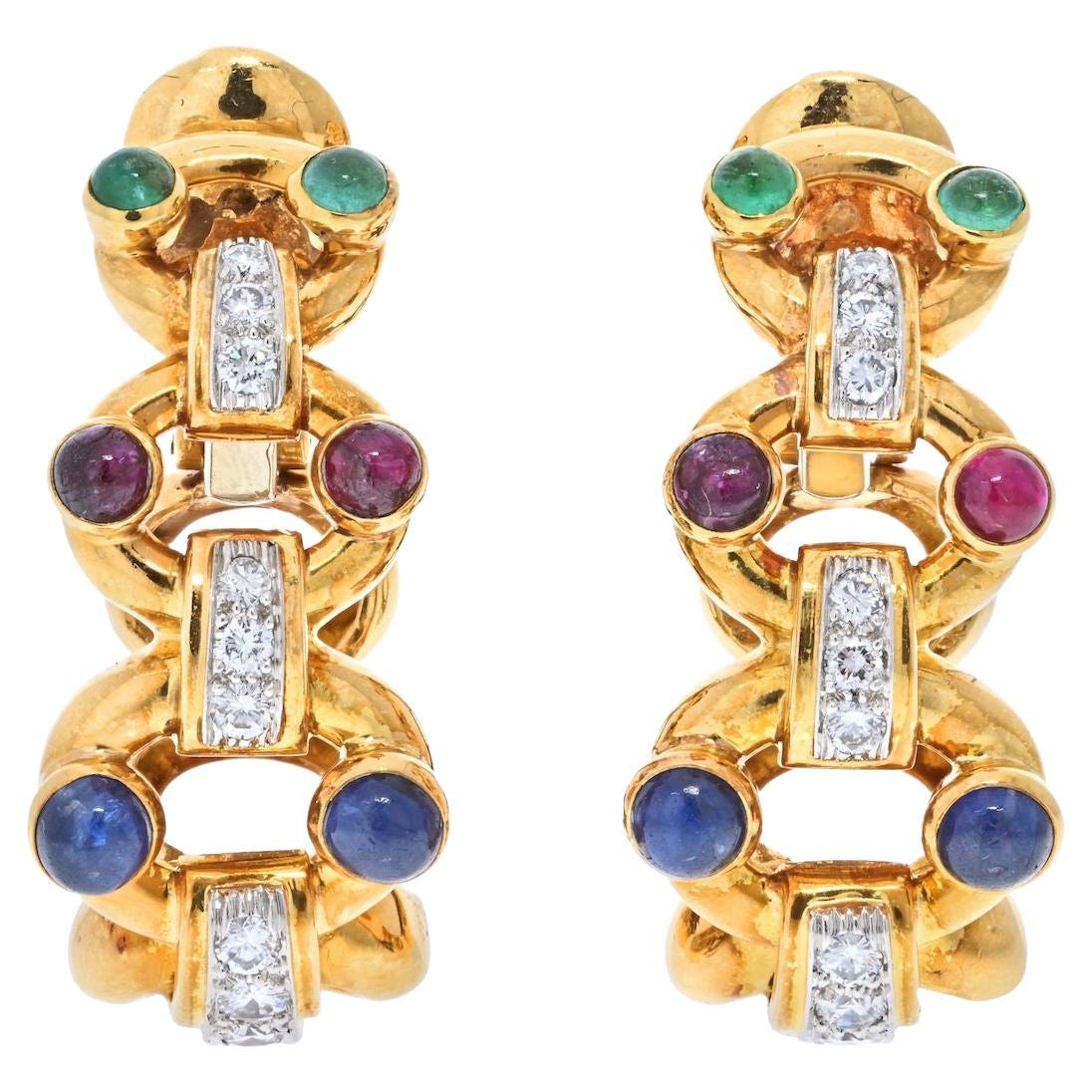 David Webb Diamond, Sapphire, Emerald and Ruby Hoop Earrings