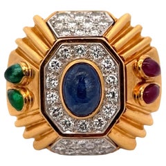David Webb Diamond Sapphire Ruby Emerald 18KYG Platinum Vintage Cocktail Ring