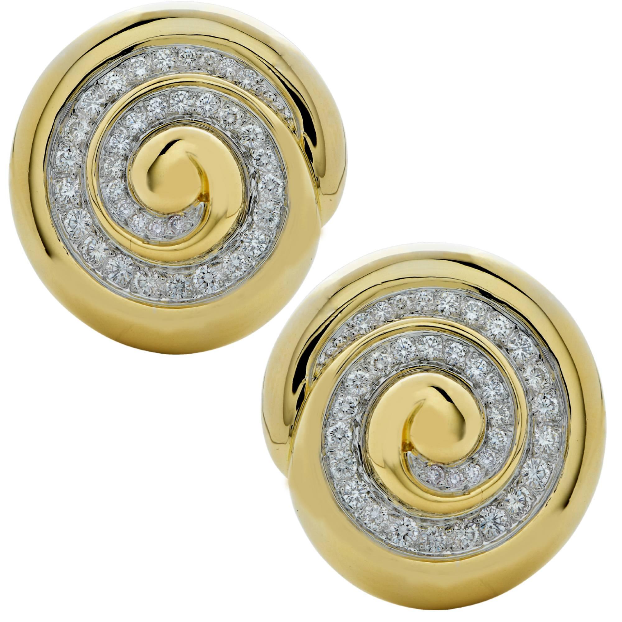 David Webb Diamond Swirl 18 Karat White & Yellow Gold Earrings