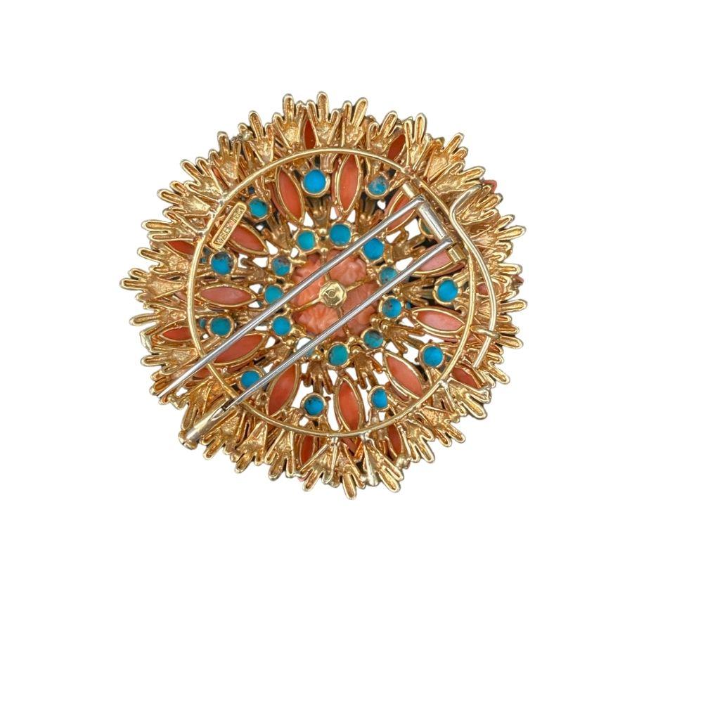 Round Cut David Webb Diamond, Turquoise and Carved Coral Pin